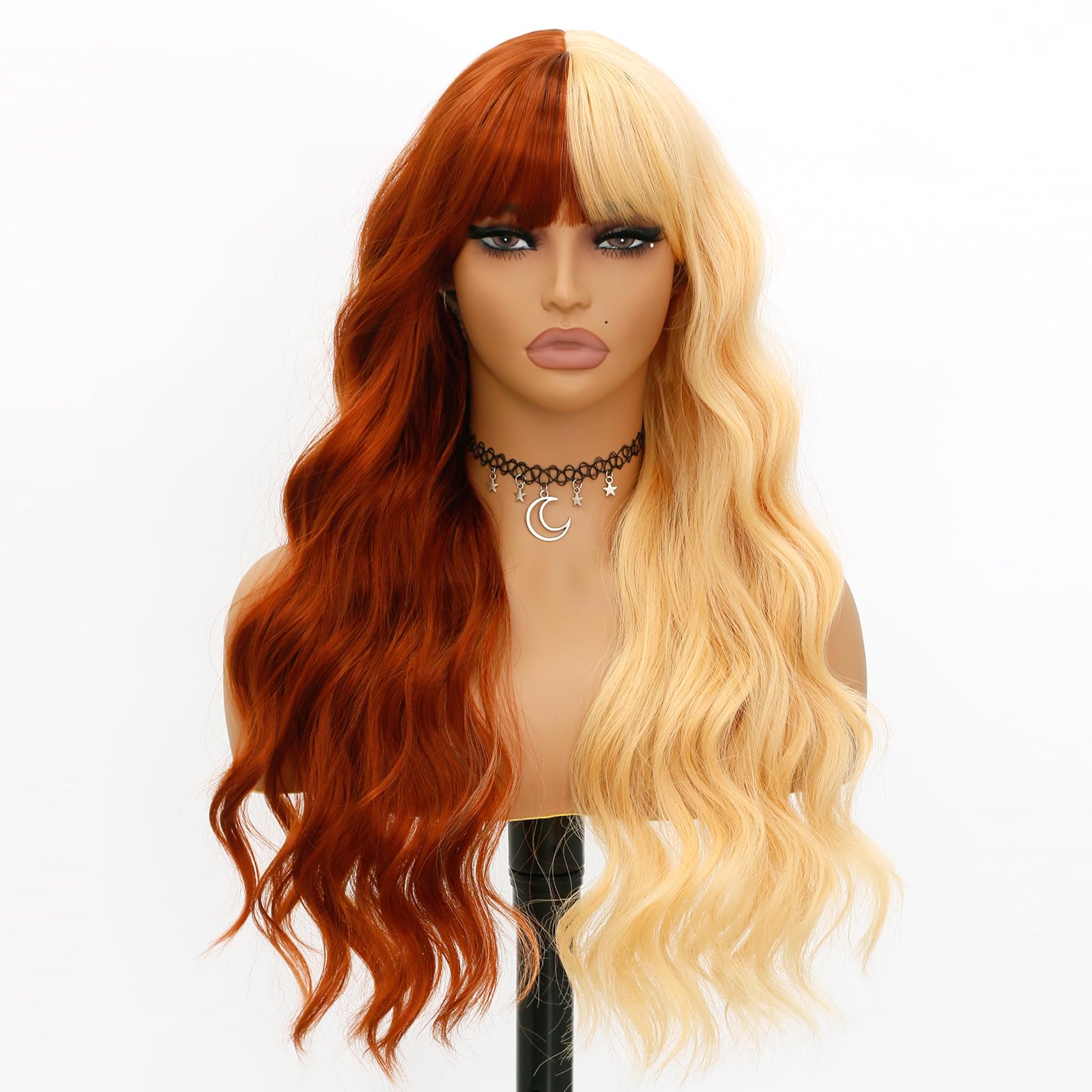 Evlynn Blonde And Brown Wigs With Body Wavy Air Bangs Half Brown And Half Gold Wig Cap For Women Long Curly Heat Resistant Synth