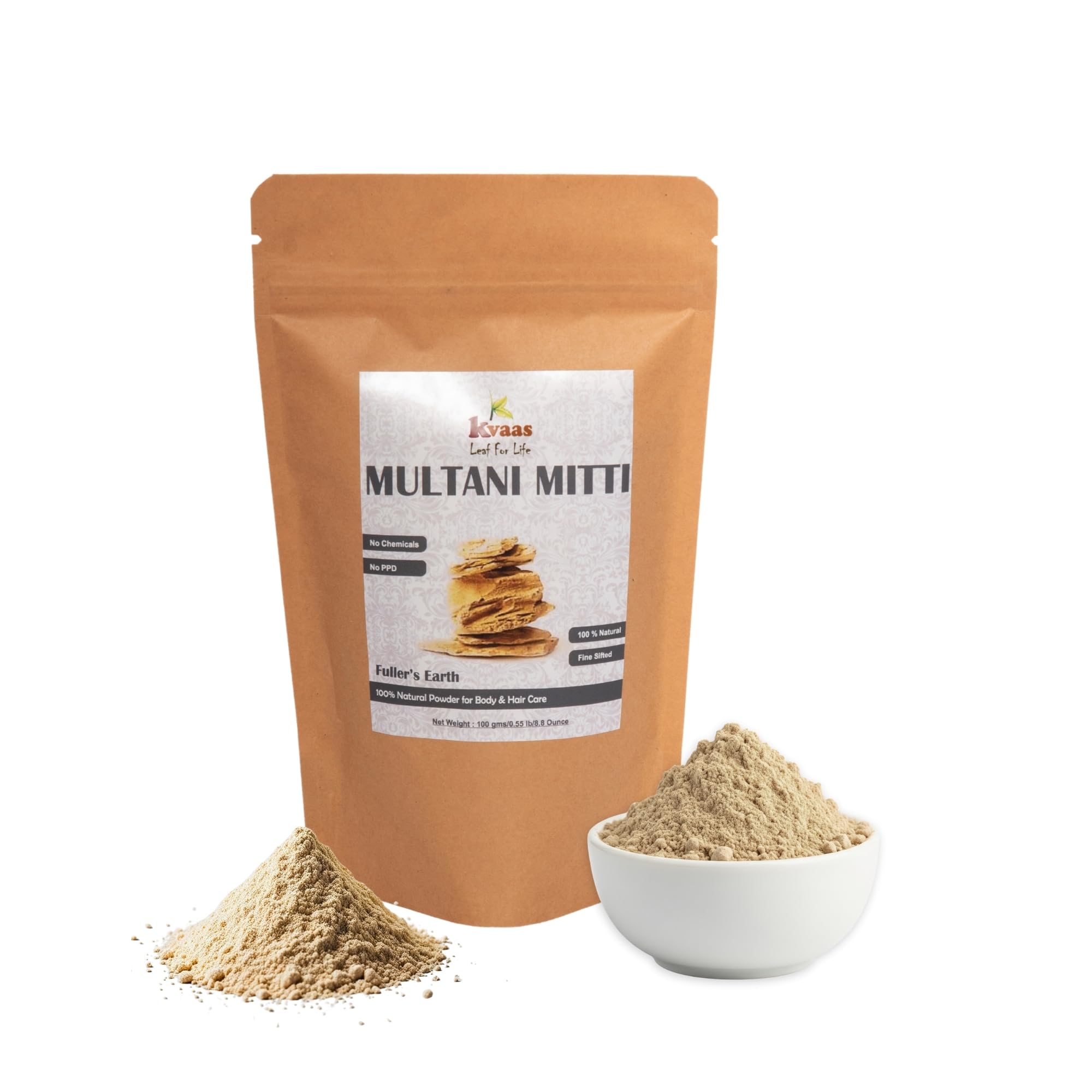 KVAAS Multani Mitti (Fullers Earth Clay) 100g  Indian Healing Clay for Face Mask, Acne Control, Oil Balancing, Skin Detox & Nat