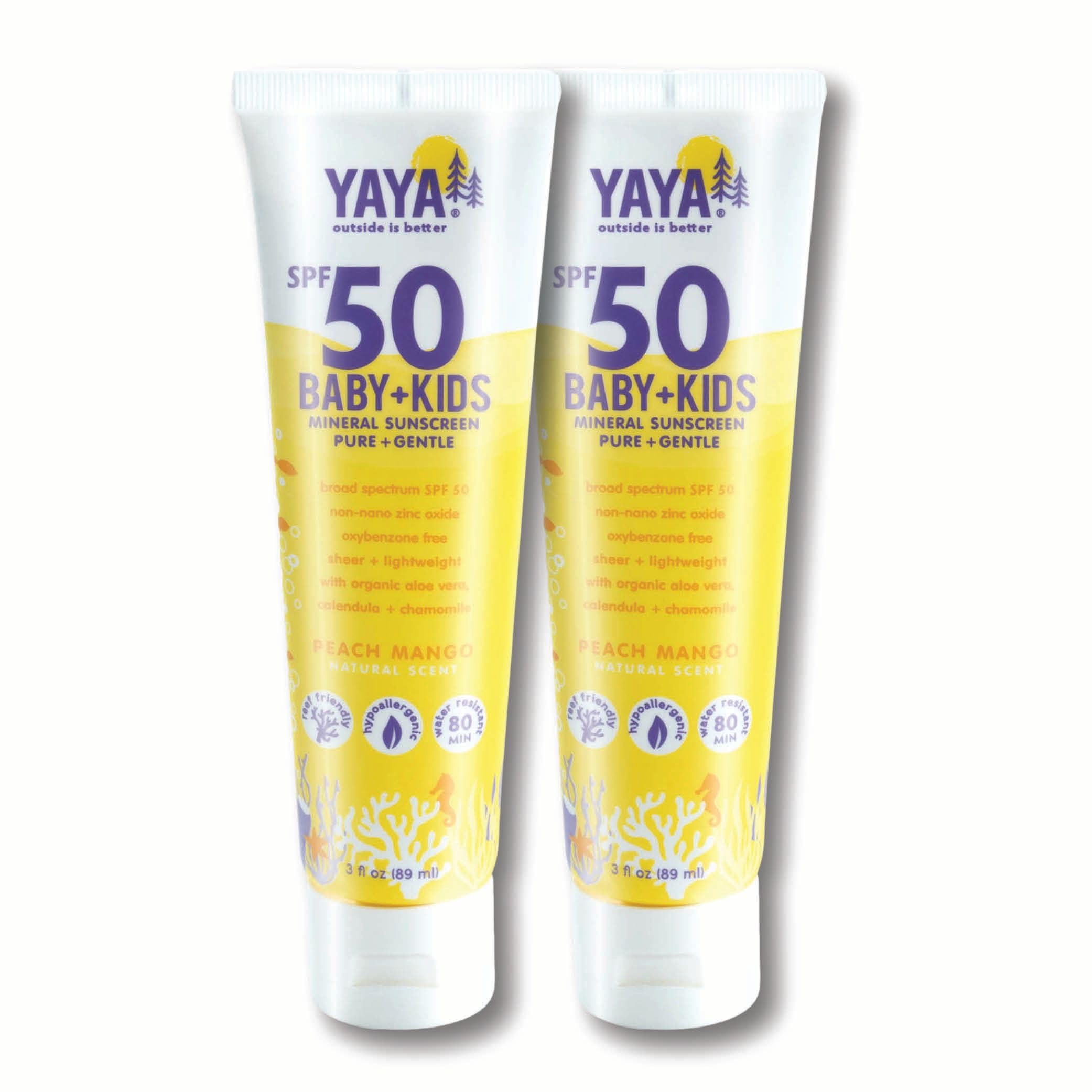YAYA ORGANICS Baby + Kids Mineral Sunscreen with Free Sponge Applicators, SPF 50, Reef-Friendly, Non-Nano Zinc Oxide, Hypoallerg