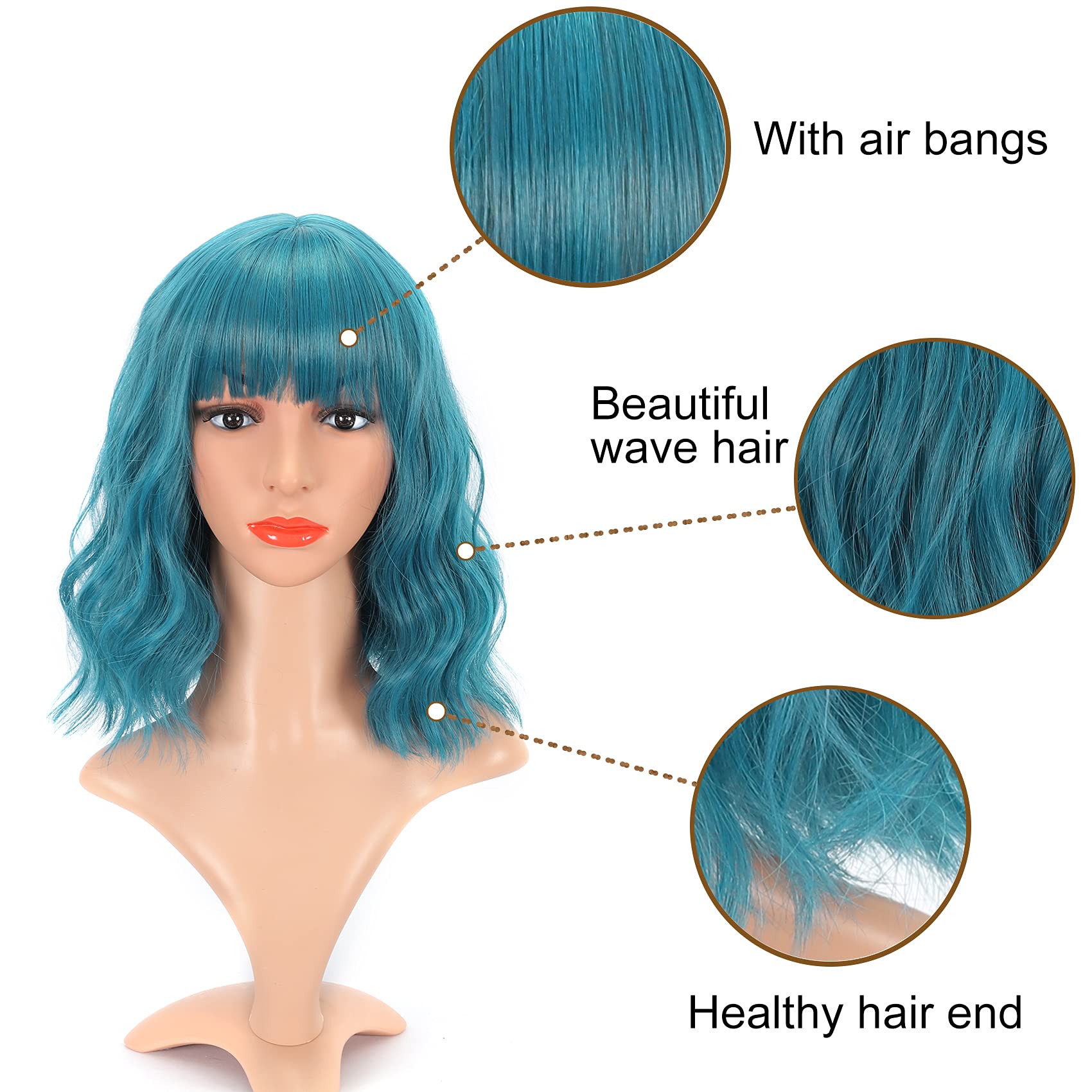 VCKOVCKO Natural Wavy Wig With Air Bangs Short Bob Dark Blue Wigs Women's Shoulder Length Wigs Curly Wavy Synthetic Cosplay Wig