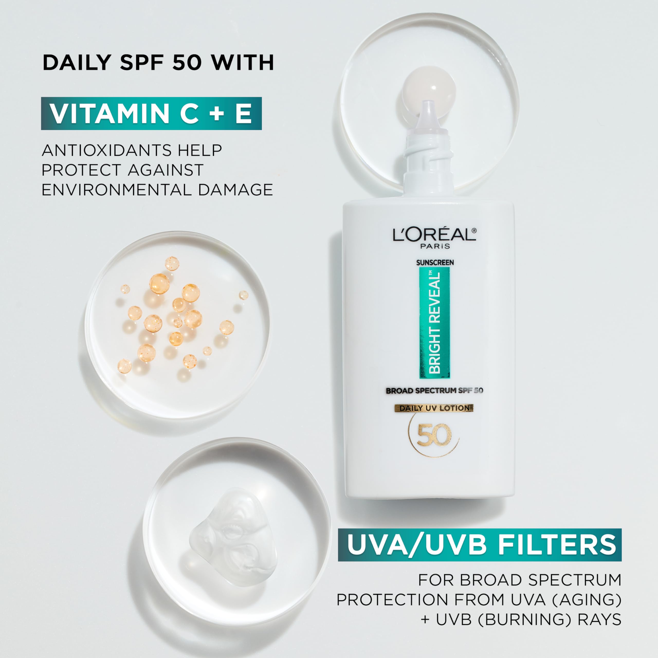 L'Oreal Paris Bright Reveal Broad Spectrum Daily SPF 50 UV Lotion, 1.7 fl oz + Moisturizer Sample