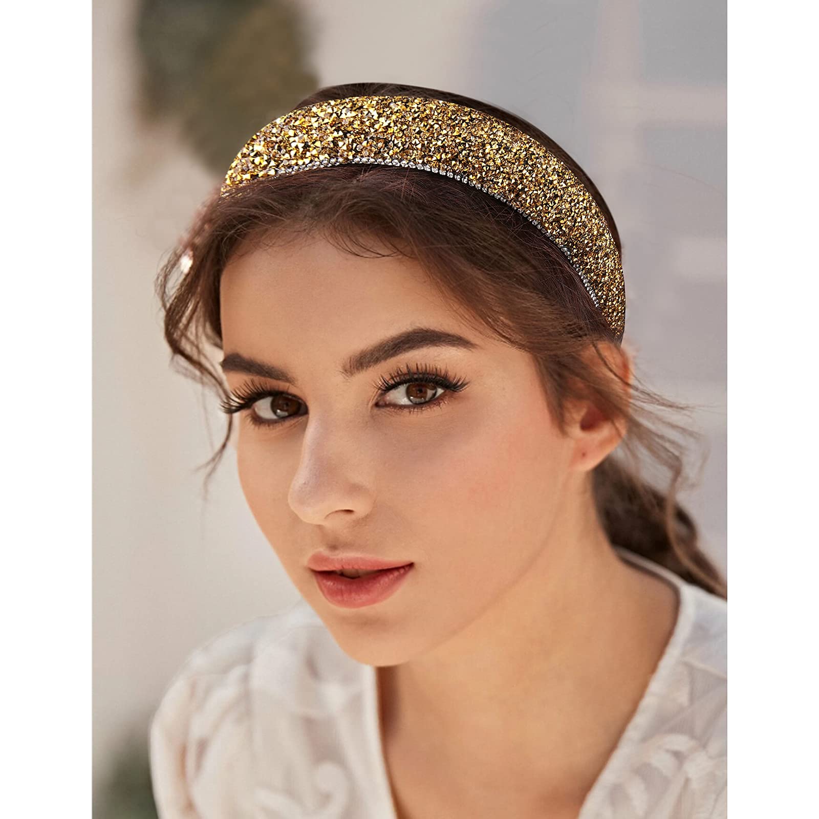 Wecoe Yellow Gold Headband Diamond Headband Glitter Headband For Women Rhinestone Padded Headband Bling Sparkle Headbands Fashio