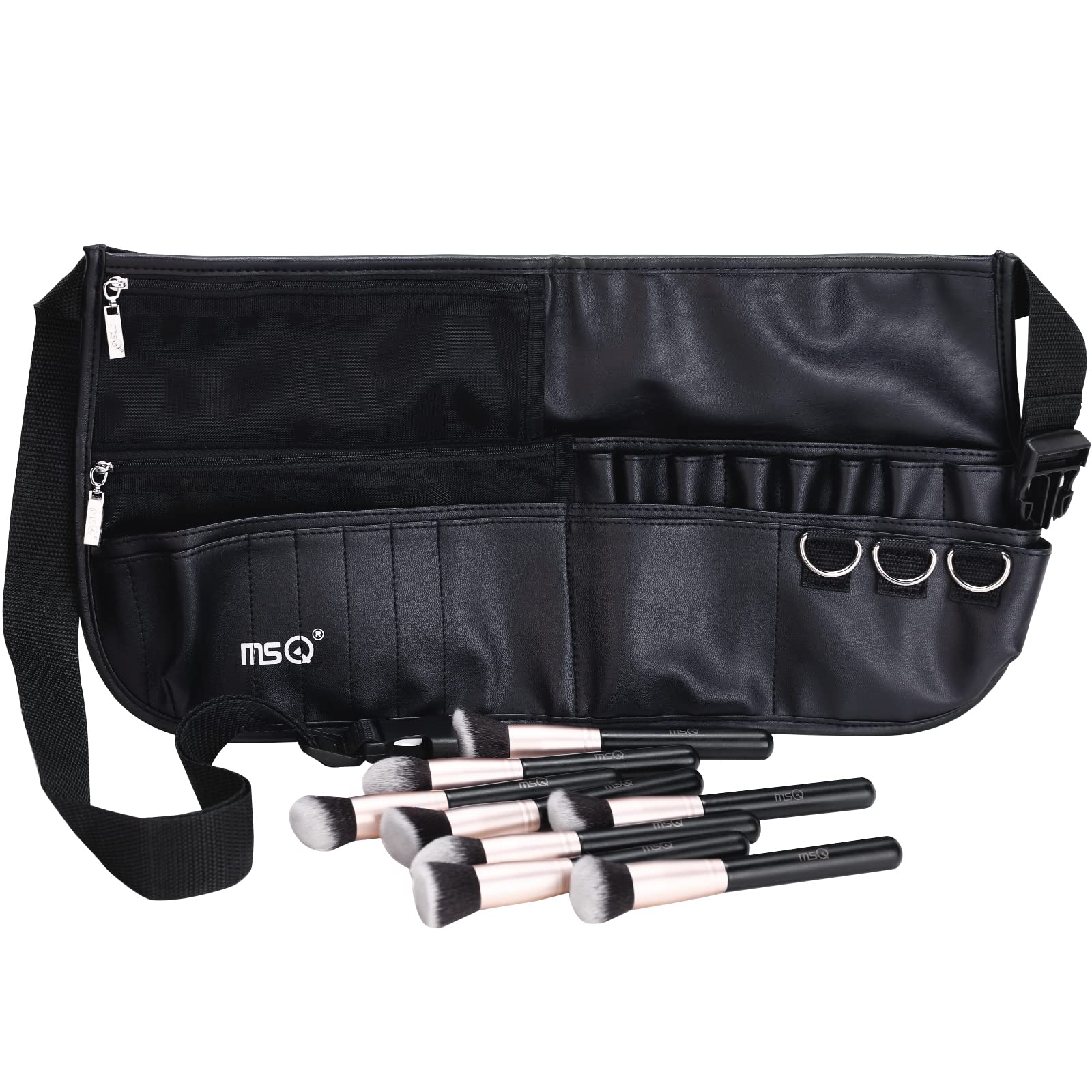 MSQ Makeup Brush Bag with Belt Multi Pocket Foldable Apron Pack Cosmetic Brush Pouch Holder Organizer with Adjustable Artist Bel