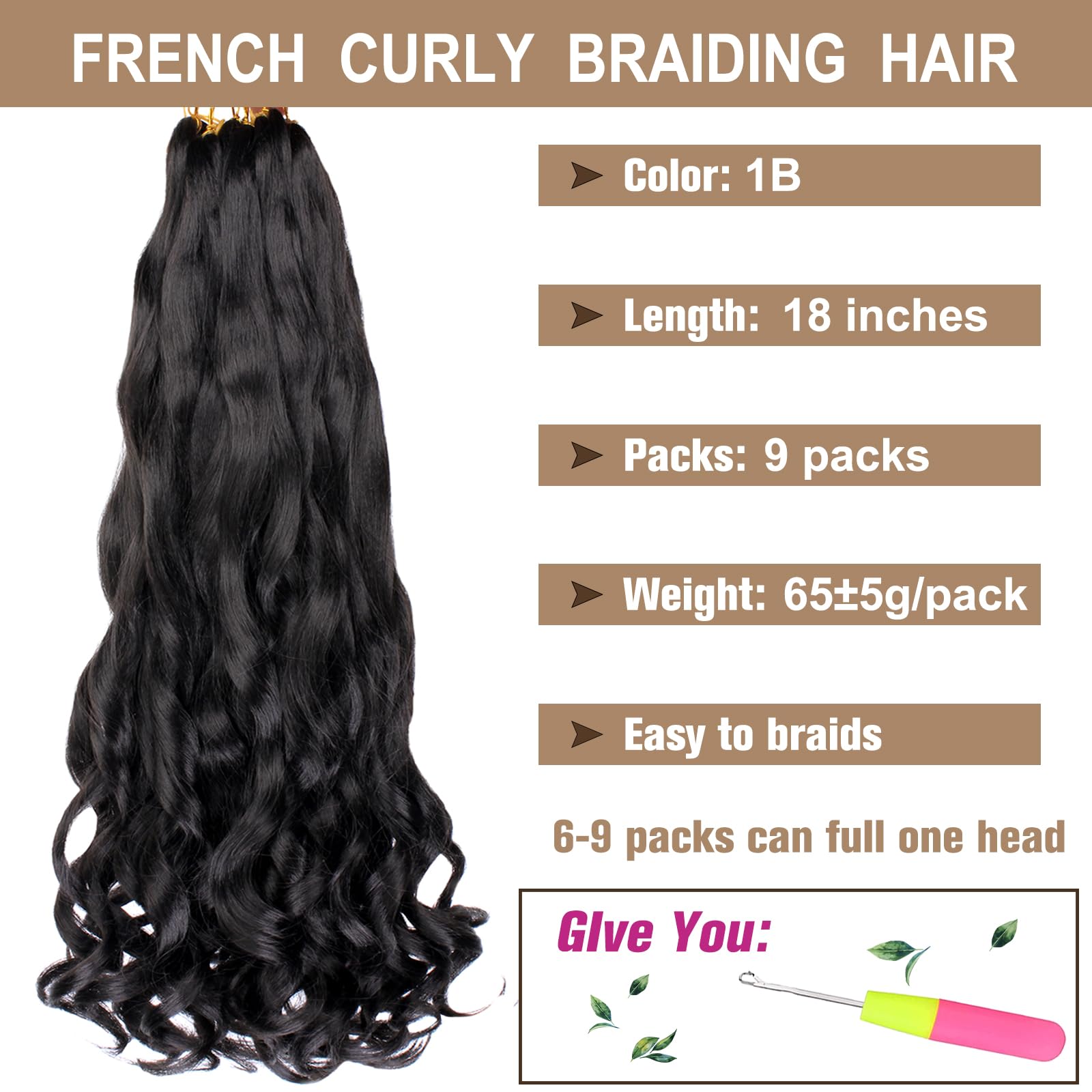 Cookoo 18 Inch 9 Pack French Curly Braiding Hair 1B Soft Bouncy Braids Hair 65G/Pack Premium Curly Braiding Hair French Curls Sy