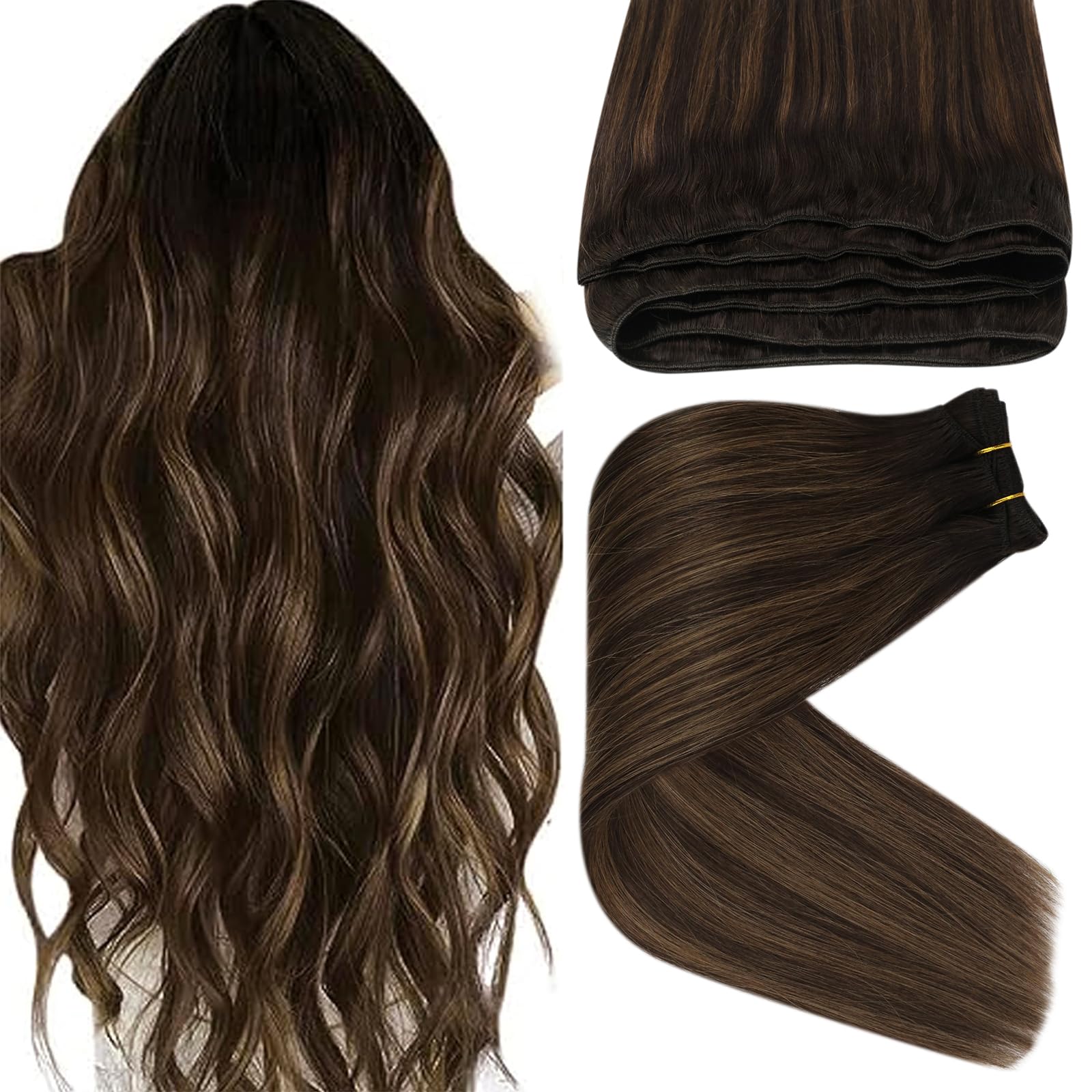 Sunny Sew in Hair Extensions Real Human Hair Brown Weft Hair Extensions Human Hair Balayage Dark Brown Ombre Medium Brown Sew in