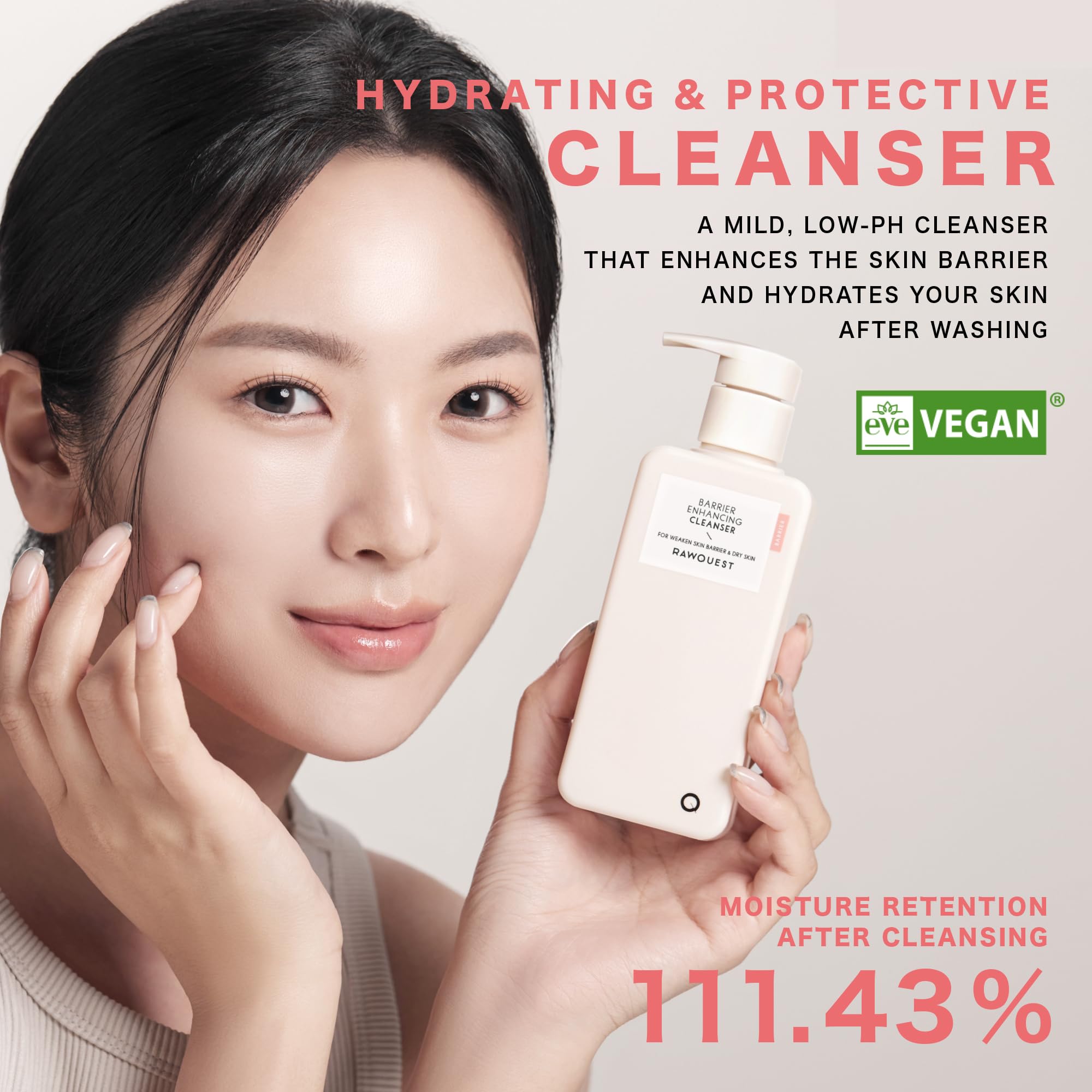 RAWQUEST Barrier Enhancing Cleanser for Hydrated, Balanced Skin, Oil Control, Pore Cleansing, Low pH 5.5, Hypoallergenic Vegan K
