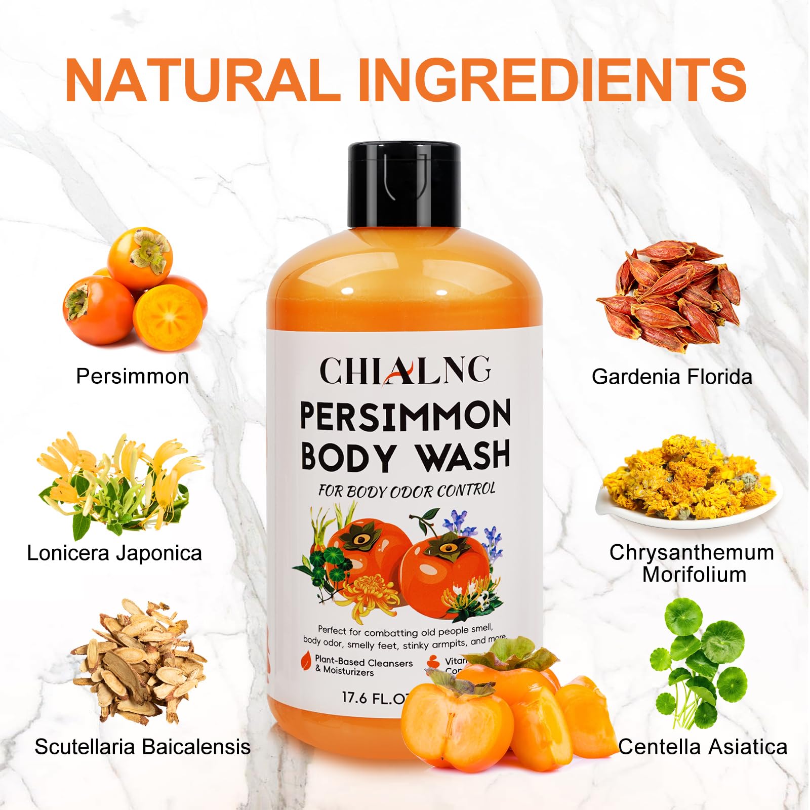 Chialing Persimmon Scented Body Soap for Odor Control, 16.9 Fl Oz, with Centella Asiatica Extract for Men & Women