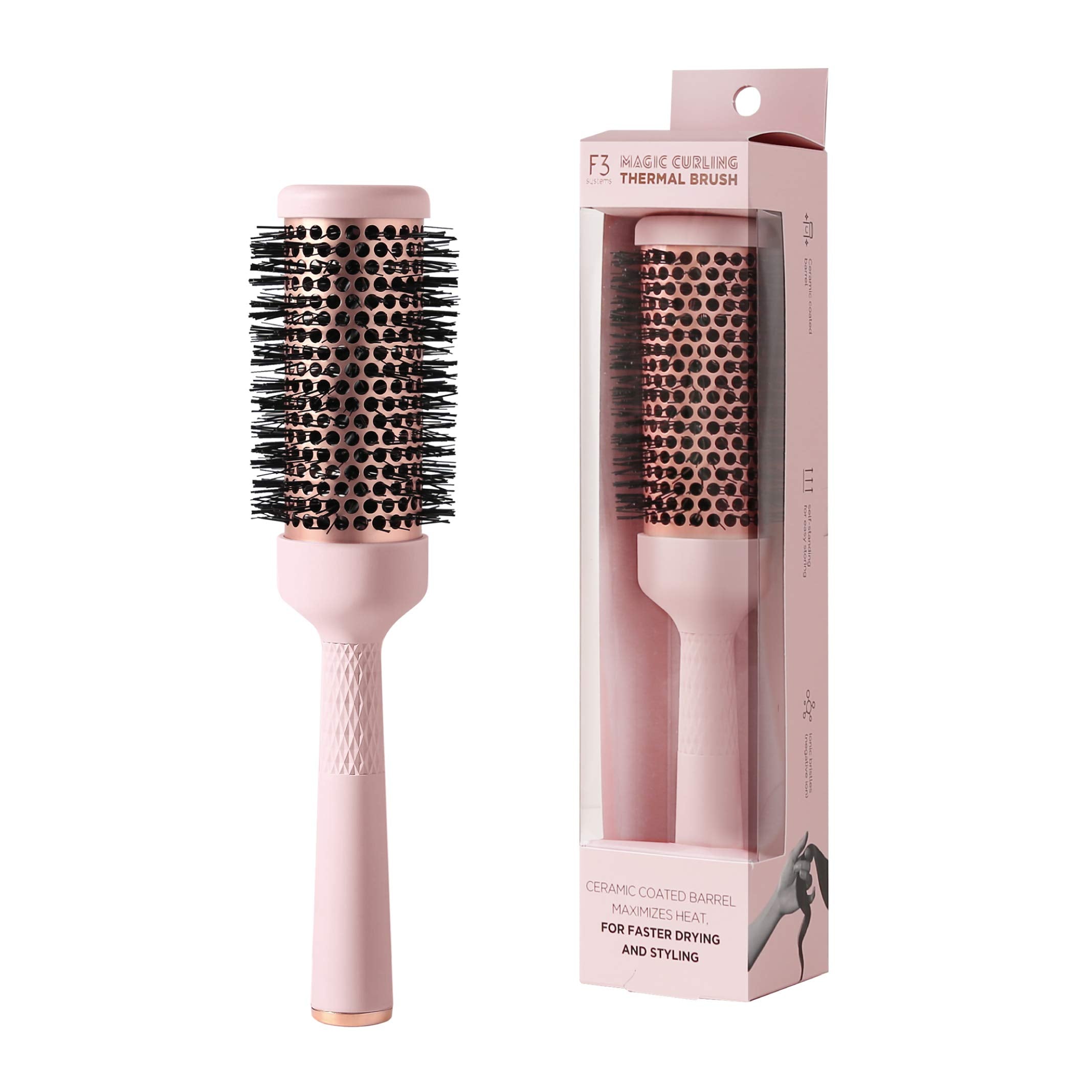 F3 Systems Magic Curling Thermal Brush, 1.7 Inch Ceramic/Ionic Barrel, Quick Styling, Self-Standing, Great for Blowouts and Waves