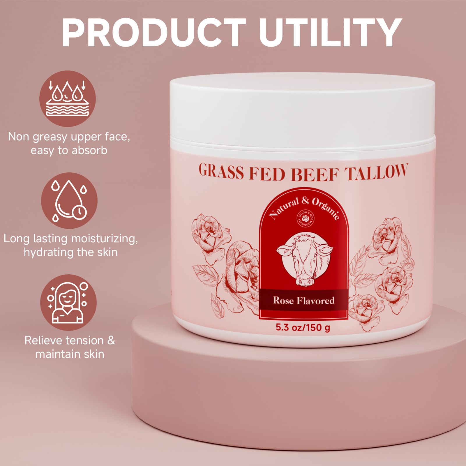 HZENPPOR Beef Tallow for Skin, Whipped Beef Tallow For Skin, Tallow Face Moisturizer, Rose-Flavoured Whipped Tallow Face Cream M