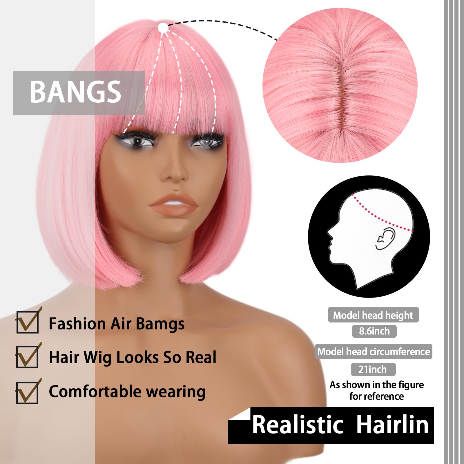 Werd Short Pink Bob Wig For Women Light Pink Wig With Bangs Synthetic Hair Straight Pink Bob Wig For Daily Party Cosplay