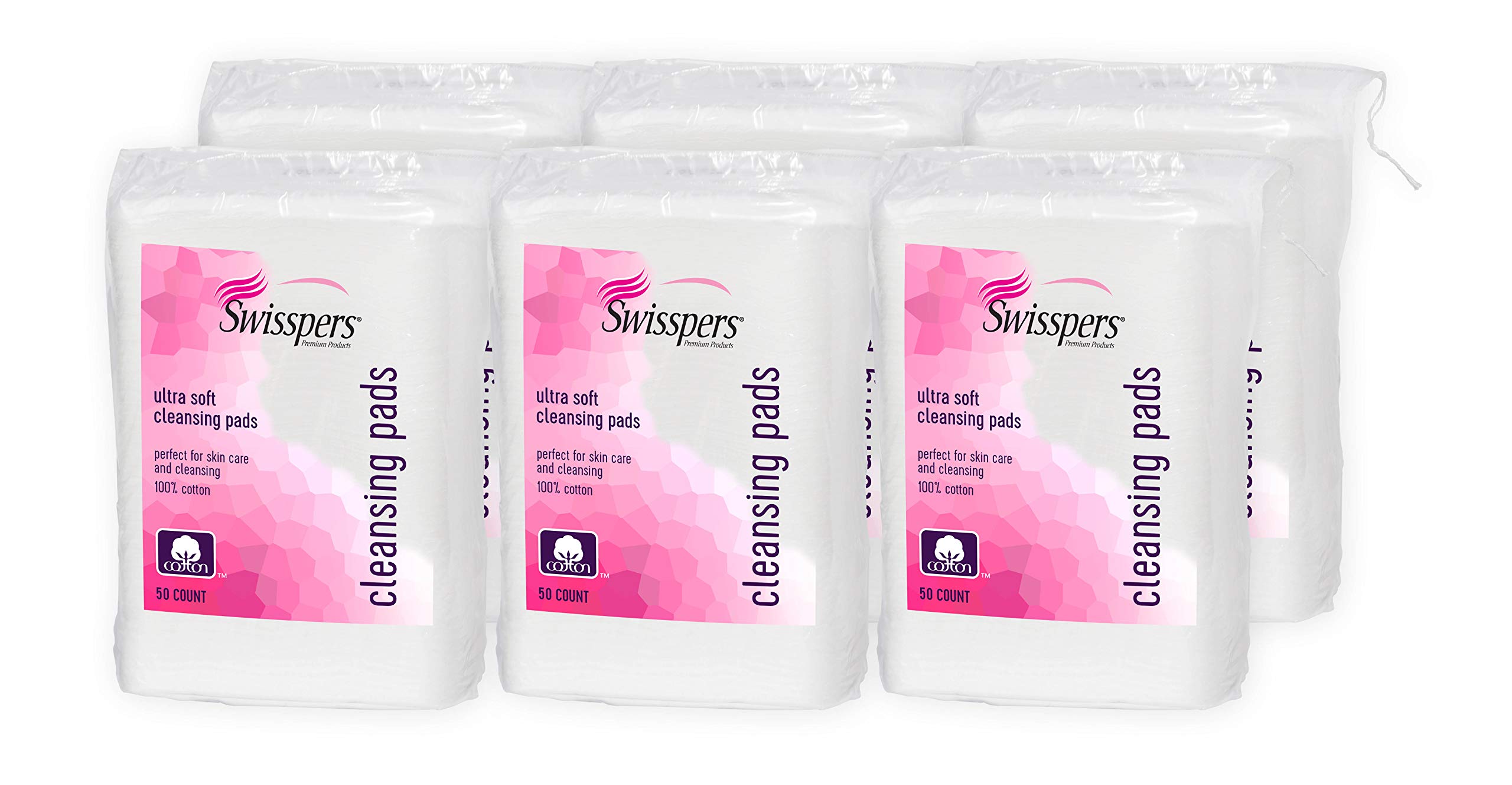 Swisspers Premium Facial Cleansing Pad, 100% Cotton, Ultra Soft, Extra Large, 50 White Pads per Reclosable Bag, 6 Bags (300 Pads
