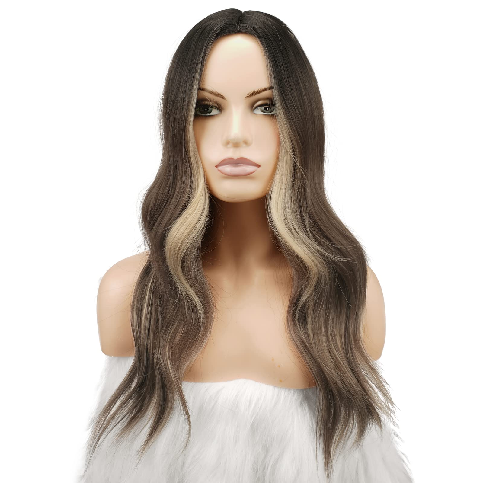 Feshfen Long Brown Blonde Wavy Wig, Long Wavy 22 Inch Middle Parting Wig For Women Natural Wavy Heat Resistant Synthetic Wig For
