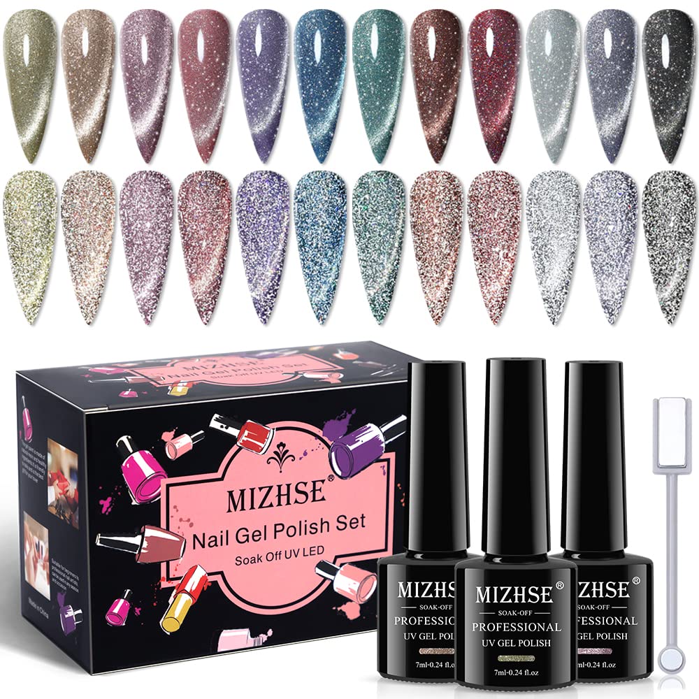 Mizhse Reflective Glitter Cat Eye Gel Nail Polish 7Ml, Sparkly Diamond Cateye Soak Off Gel Polish Magnetic Manicure Set For Nail