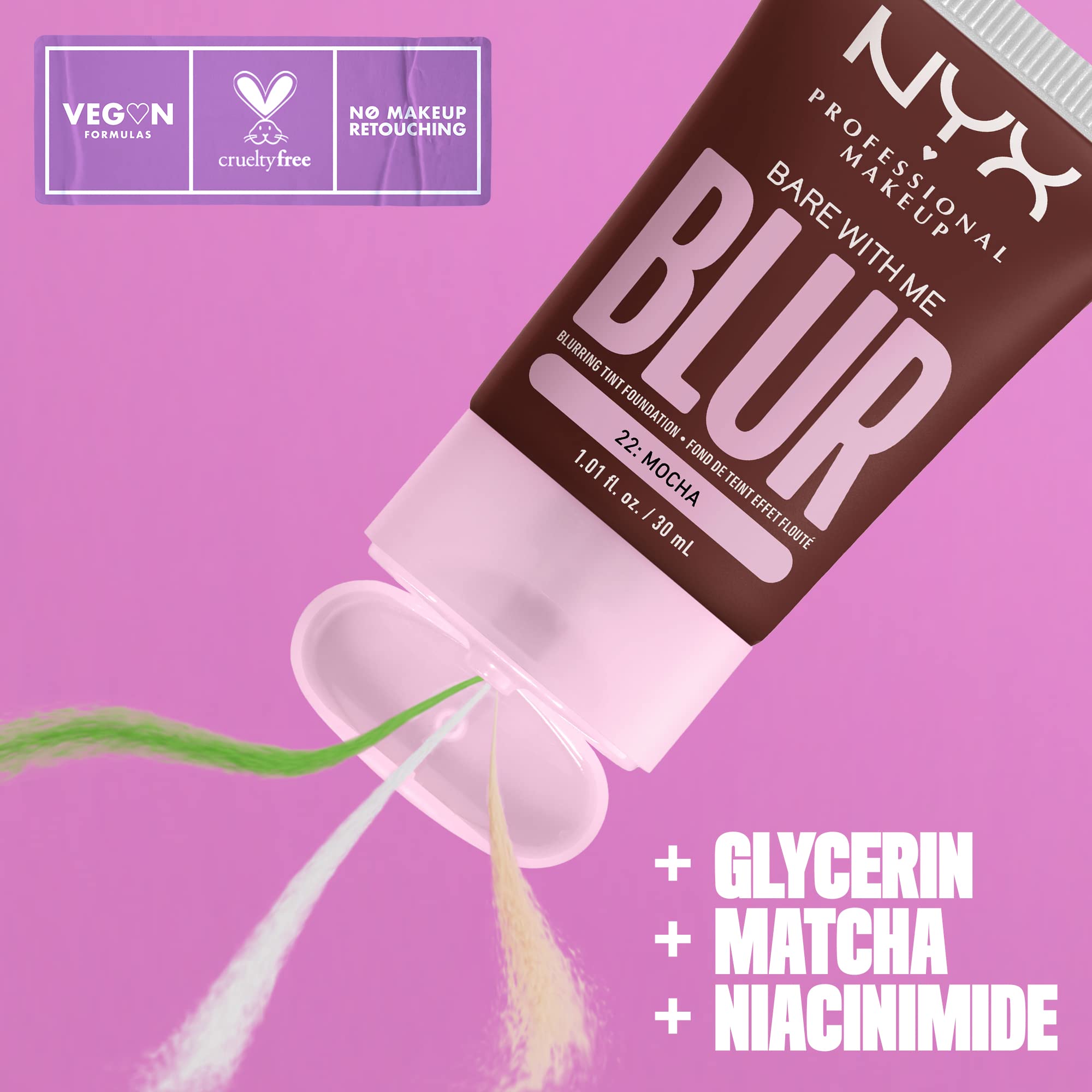 NYX PROFESSIONAL MAKEUP Bare With Me Blur Skin Tint Foundation Make Up with Matcha, Glycerin & Niacinamide - Mocha