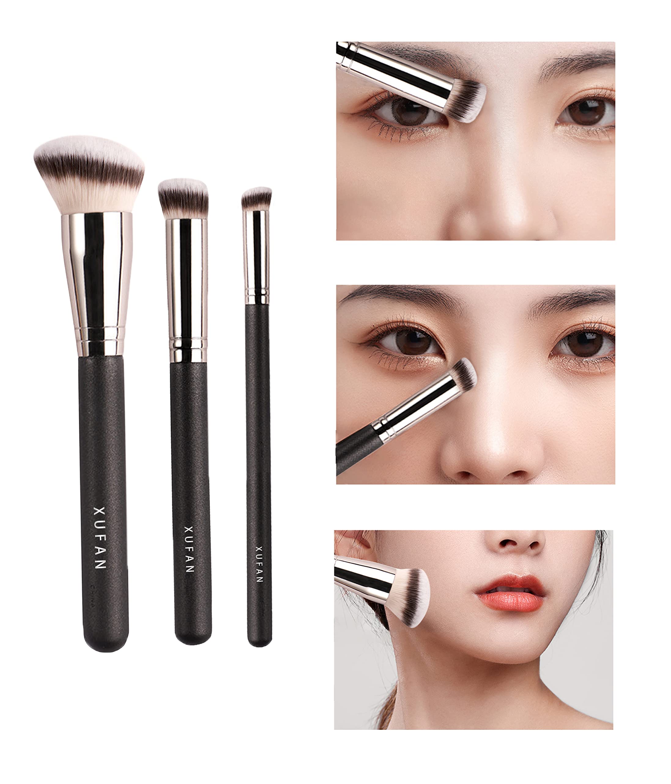 Xufan 3Pcs Foundation Concealer Brushes, Under Eye Mini Angled Brush, Nose Contour Brush, Small Makeup Foundation Brushes