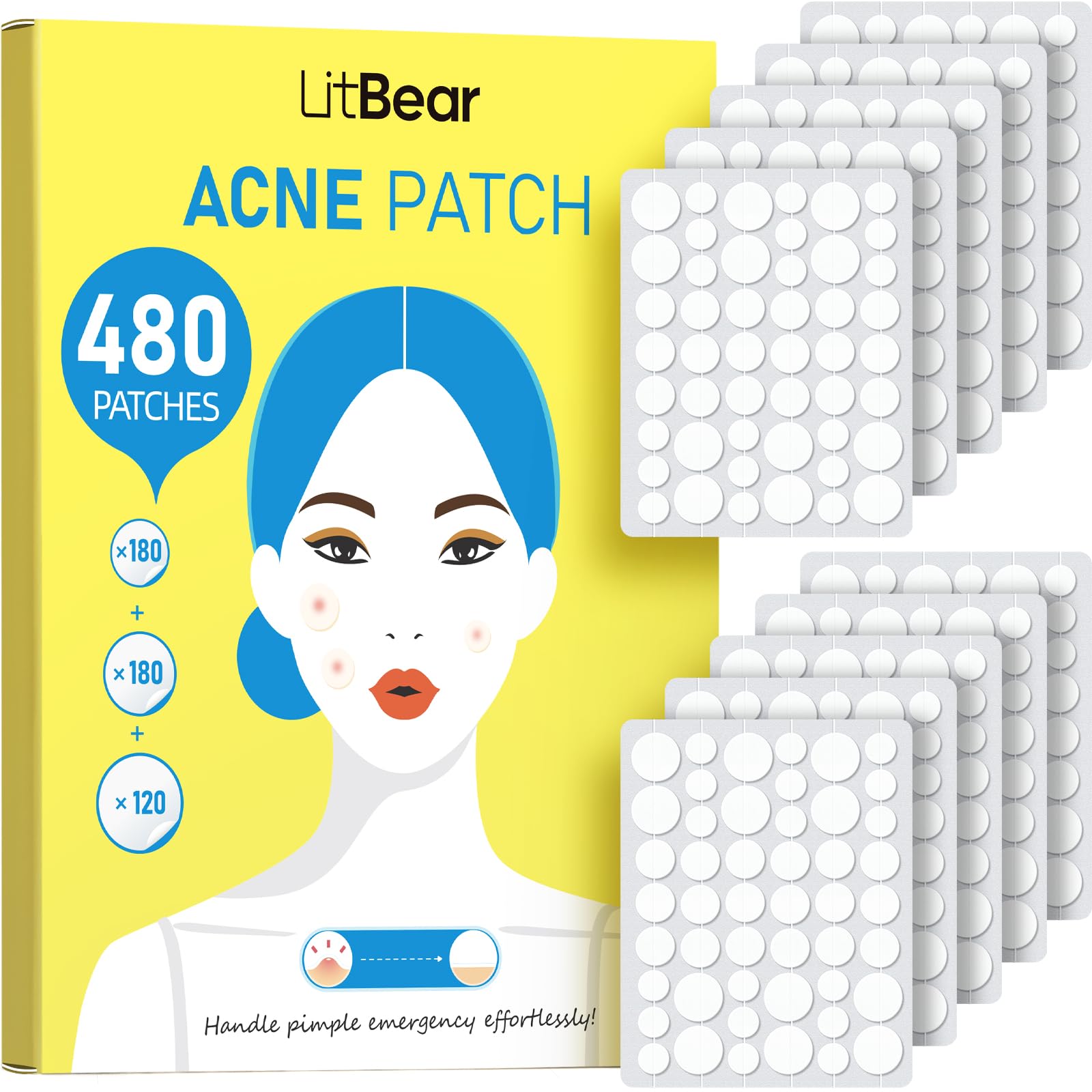 LitBear Pimple Patch Bulk, 480 Patches 3 Size Acne Patches for Face, Hydrocolloid Spot Stickers for Covering Zits, Blemishes, an