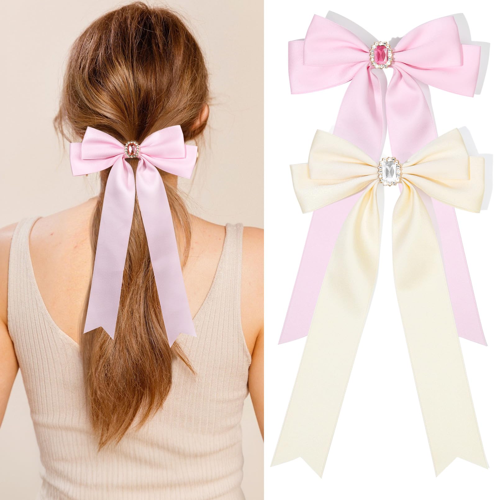 2PCS Hair Bows for Women Hair Clip Beige Pink Hair Ribbon Rhinestone Hair Accessories Glitter Bowknot Long Hair Barrettes for Wo