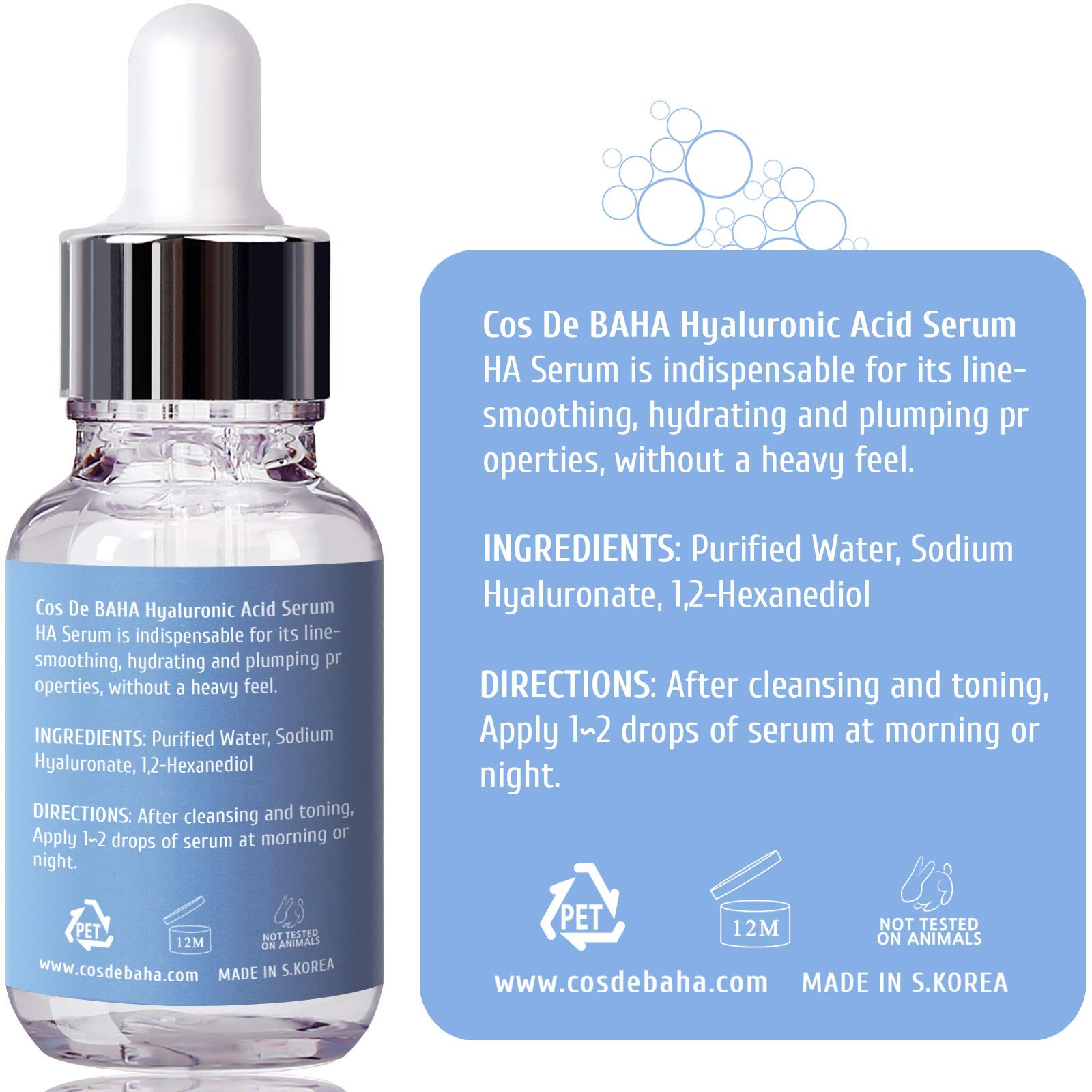 Cos De Baha Pure Hyaluronic Acid Serum - Anti Aging Moisturizer, Natural Collagen Plumping Booster, Anti Wrinkle Formula, Drop O