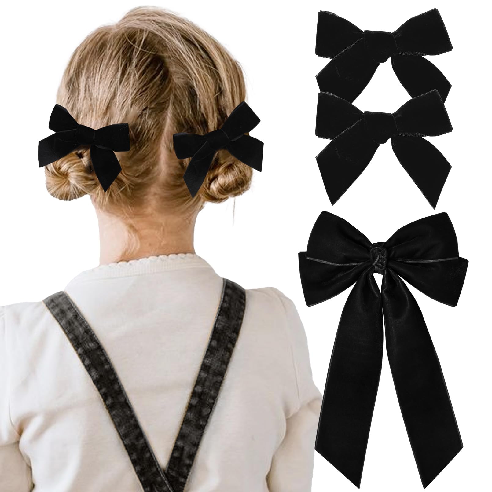 3 Pcs Velvet Bows Hair Clip Ribbon Black Accessories Ponytail Holder Hair Bow For Women Girls Toddlers Teens Kids