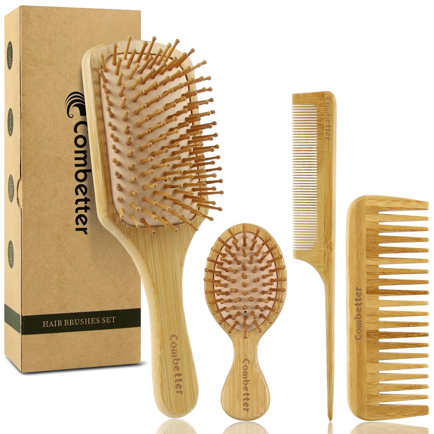 100% Bamboo Hair Brushes and Comb Set by Combetter, Comb for Women and Detangling, Great on All Hair, Eco-Friendly and Handmade 