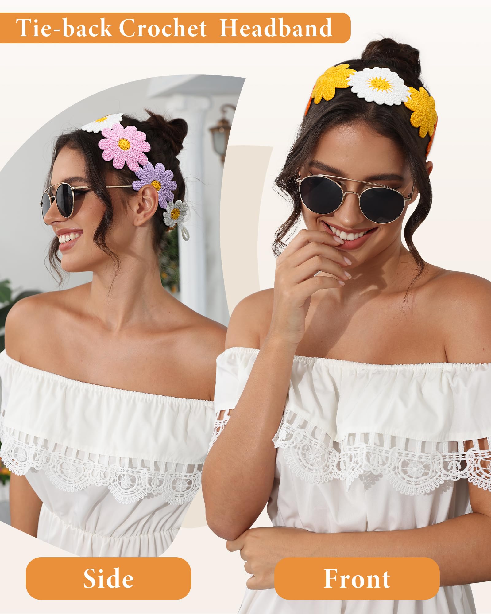 AWAYTR Crochet Headbands for Women Hippie Headband Bandana Tie-Back Knit Headband for Girls Wide Head Bands Floral Crochet Headw