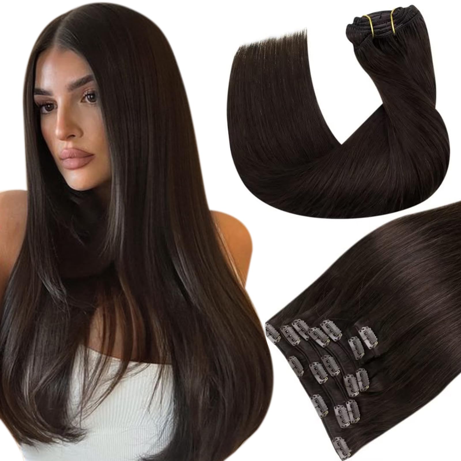 Hetto Brown Human Hair Clip in Extensions #2 Darkest Brown Clip in Hair Extensions Remy Hair Extensions Clip in Human Hair 18 In