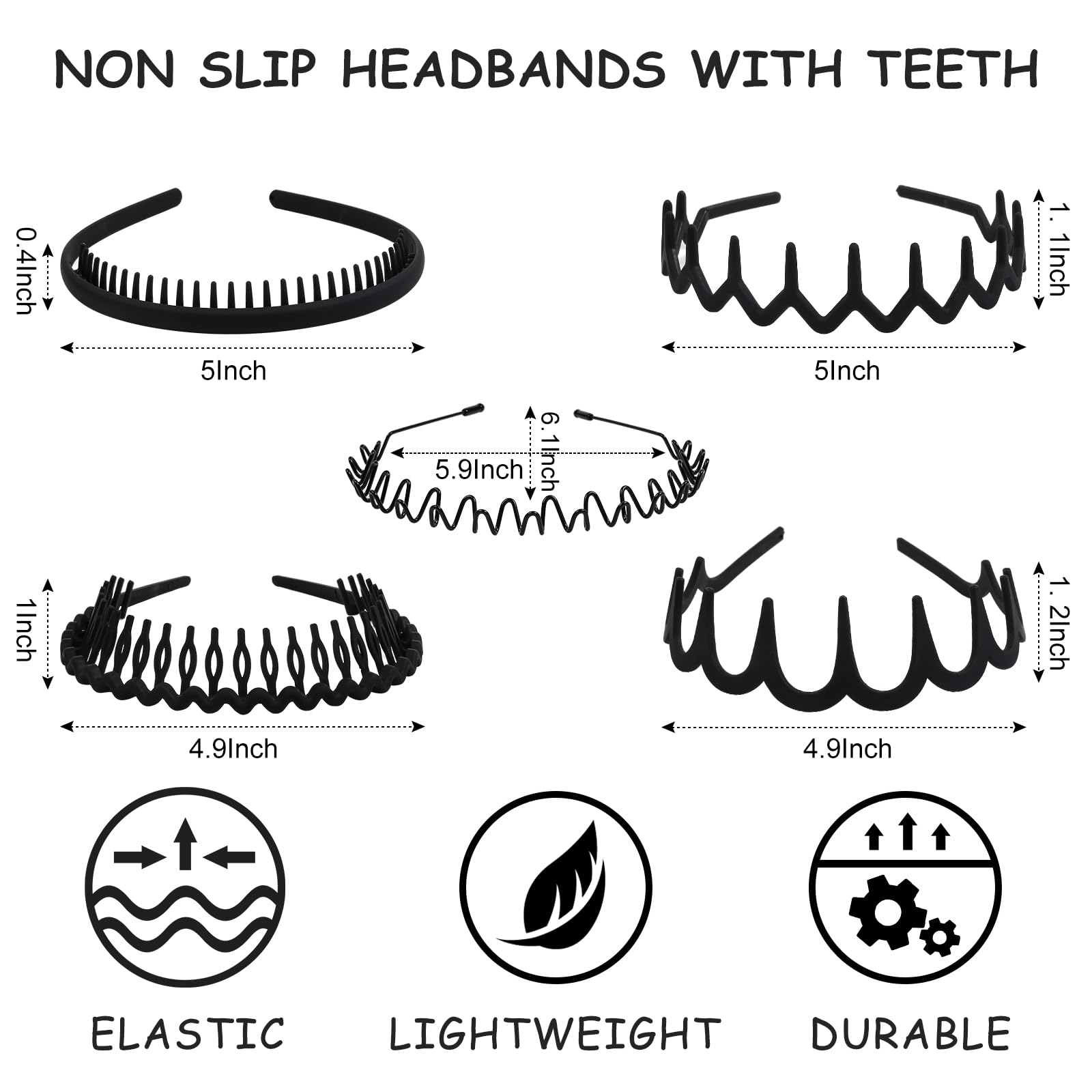 WOVOWOVO Plastic Hair Bands with Teeth, 10 Packs Headbands for Women Girls Teens (Style Black)