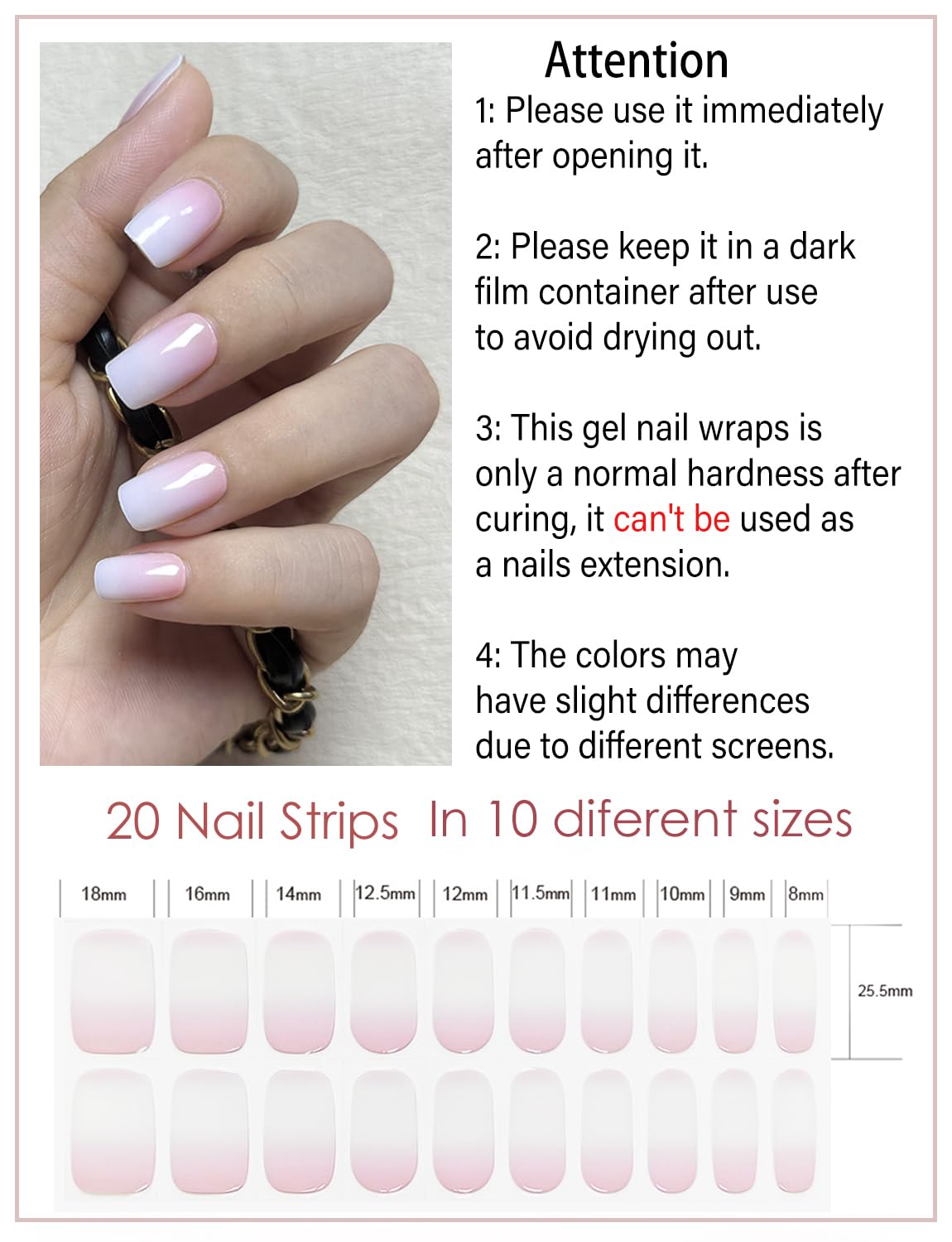 Semi Cured Gel Nail Strips, (Pale Pink Gradient) 20Pcs Gel Nail Stickers Work With Uv, Easy To Use And Remove