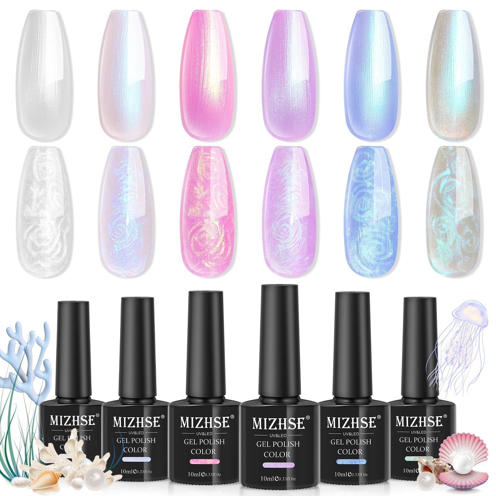 MIZHSE Pearl Gel Nail Polish, 6 Colors Iridescent Mermaid Gel Polish Set, Drawing Nail Gel Shell Thread Effect Shimmer White Pin