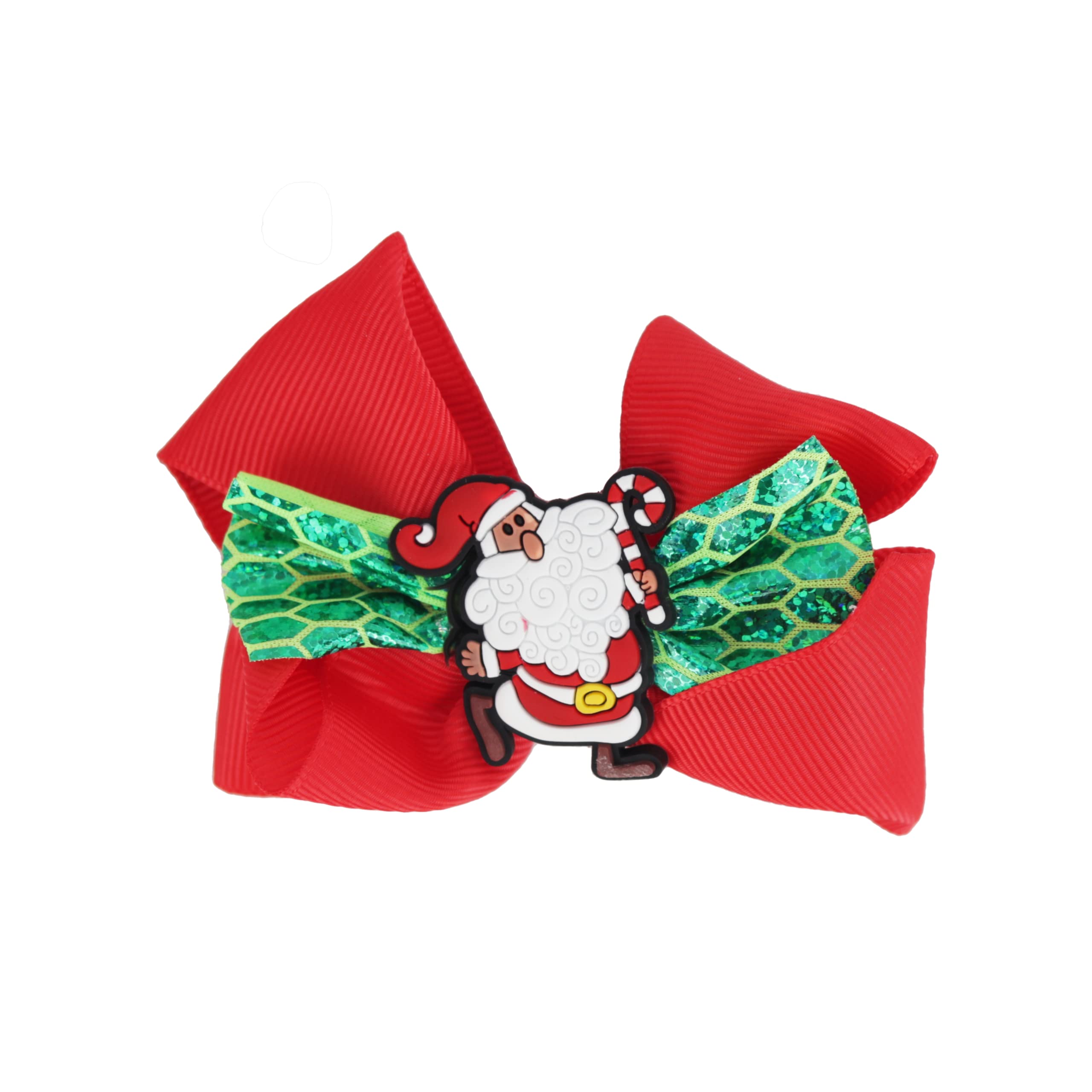 Hair Bow Printed Christmas Bow with Silicone Charm - Green Layer Santa