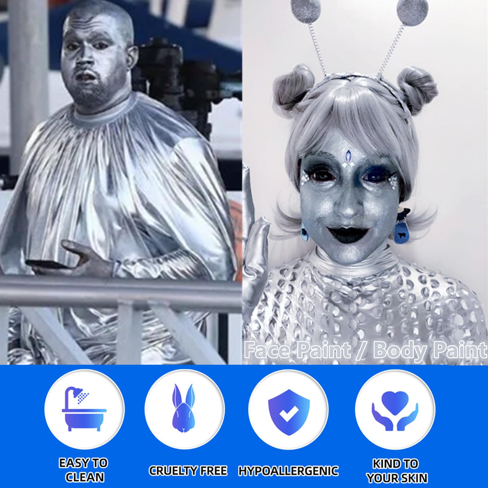 Go Ho Metallic Silver Body Paint Washable(2.37 Oz),Water Based Cream Silver Face Body Paint,Full Professional Silver Face Paint