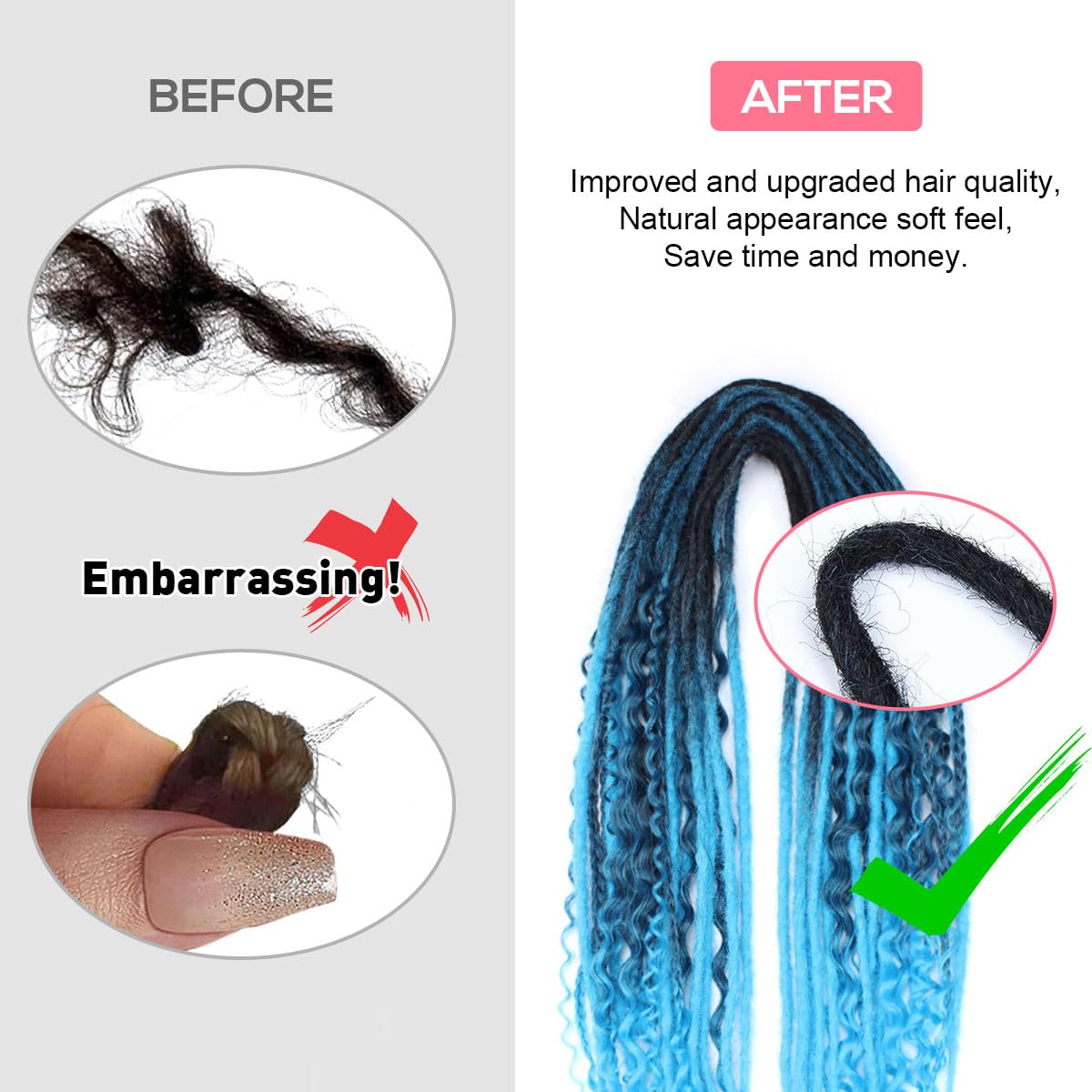 Kraler 24 Inch Mixed De Dreadlock Extensions Sets, 3 In 1 20 Strands Synthetic Double Ended Dreads Extensions, Ombre Blue Hippie