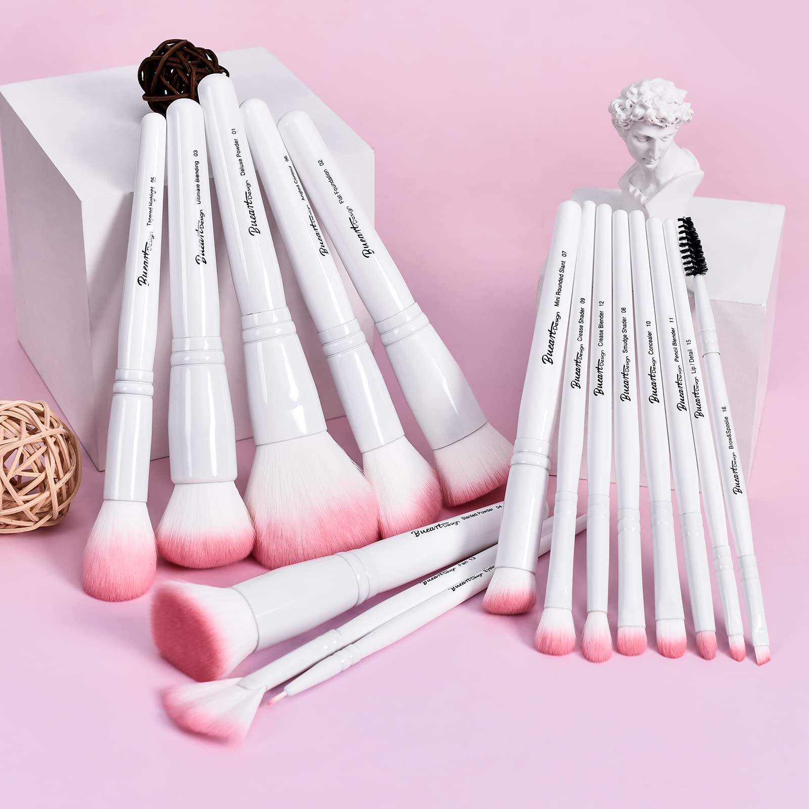 Bueart Design 16Pcs Ultra Soft Labeled Makeup Brushes Set With Brush Holder Face Brush For Foundation Powder Blending Blush Wood
