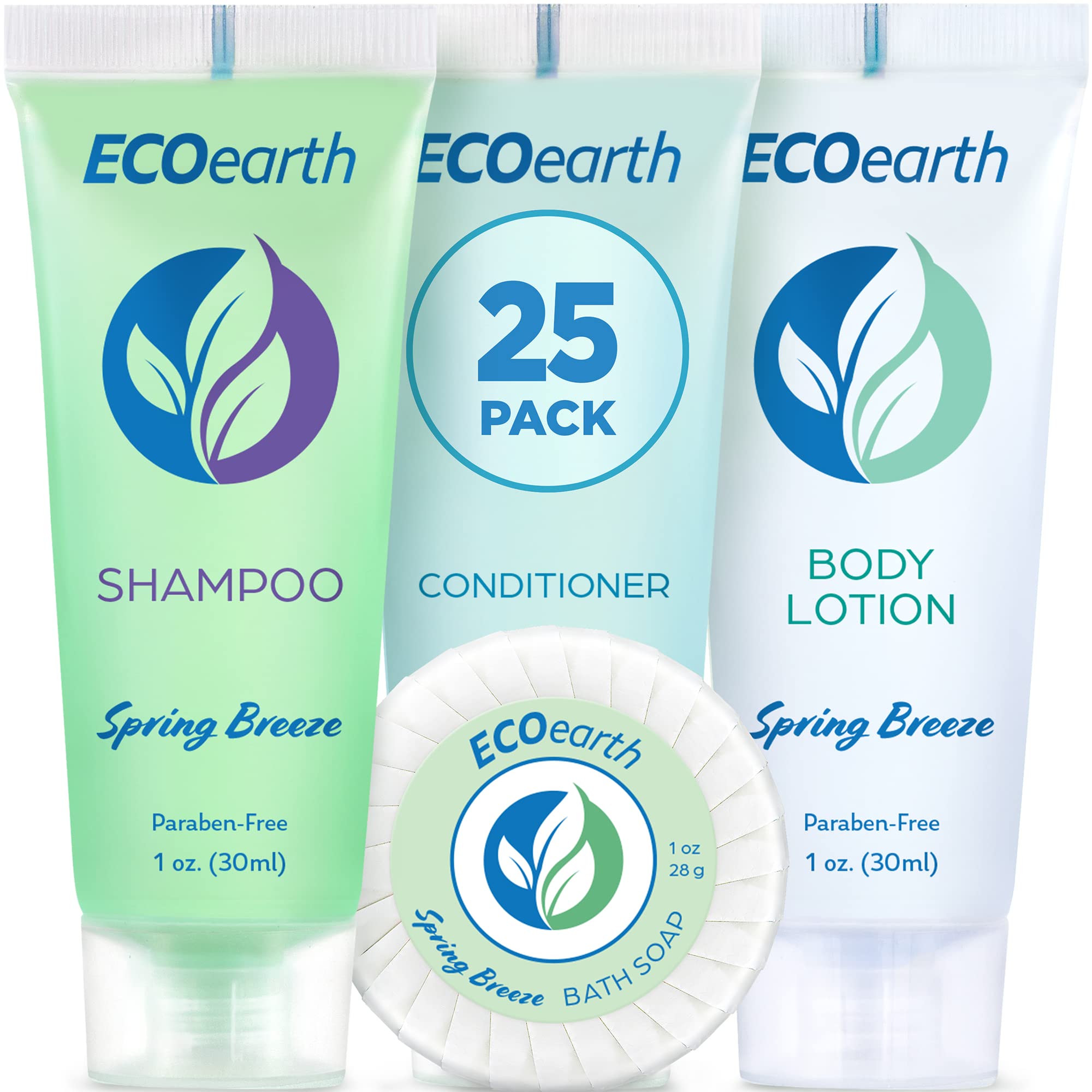 Ecoearth Hotel Toiletries Bundle (Spring Breeze, 1 Oz Each, 100 Pieces) 4-Piece Set: 25 Round Bar Soap, 25 Shampoo, 25 Condition