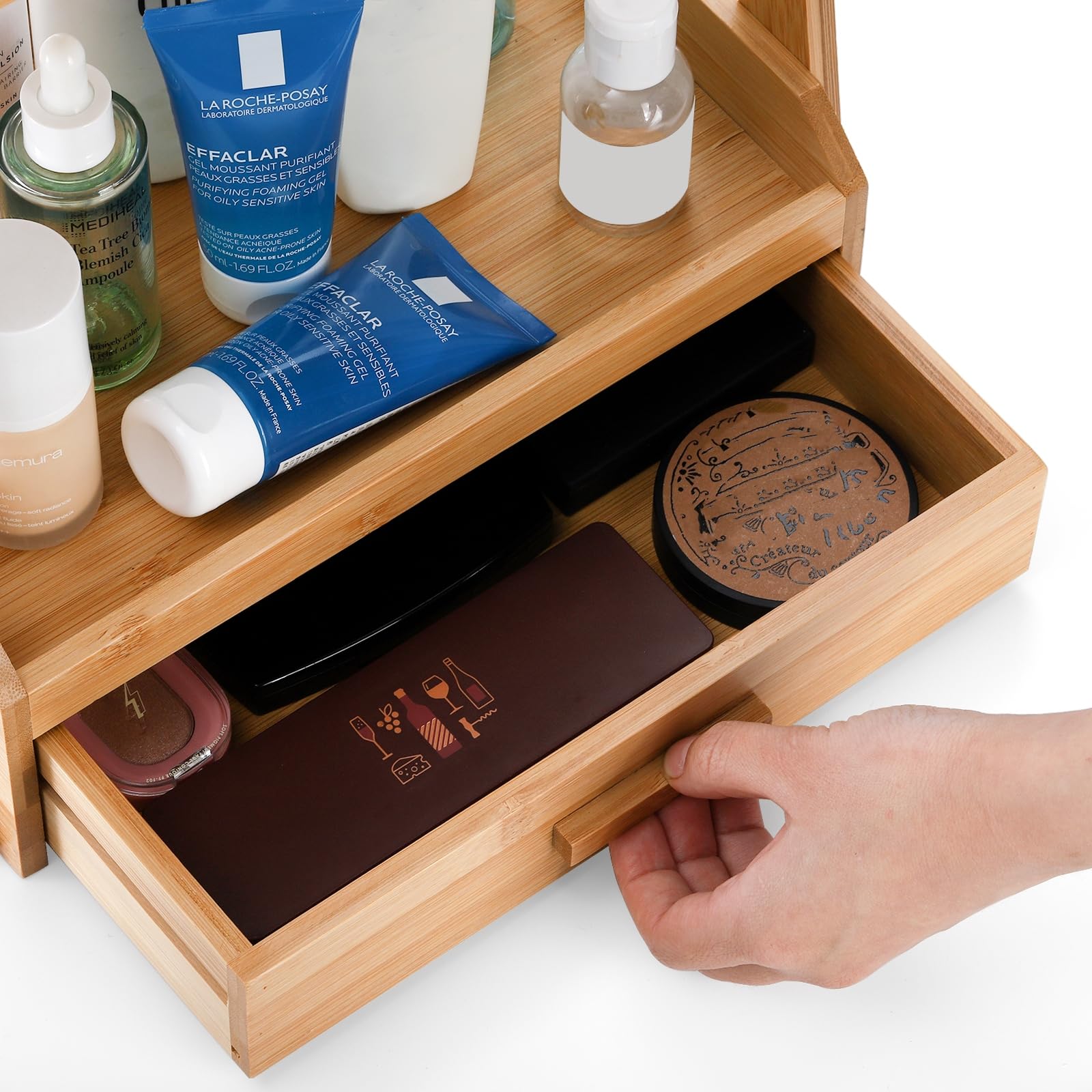 Lyellfe 2 Tier Bamboo Makeup Organizer, Bathroom Counter Organizer With Drawer, Multi-Purpose Cosmetic Perfume Display Stand For