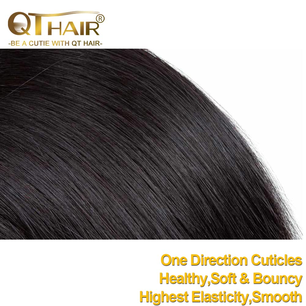 Qthair 14A Straight Human Hair Bundles(18 20 22,300G,Natural Black) 100% Unprocessed Human Hair Extensions Indian Straight Virgi