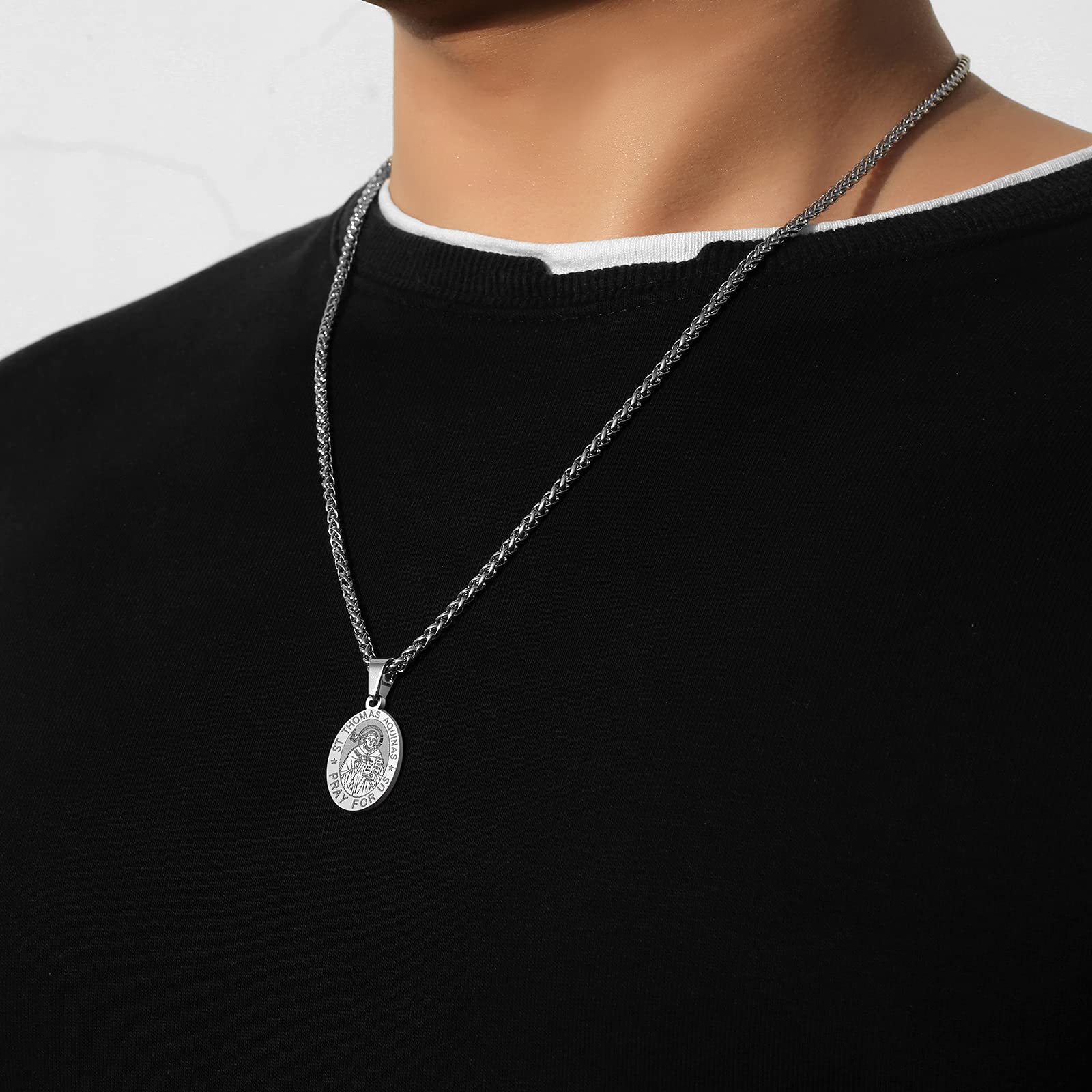 P. BLAKE St Saint Thomas Aquinas Medal Necklace for Men, Oval Stainless Steel Religious Catholic Saint Thomas Pendant Chain