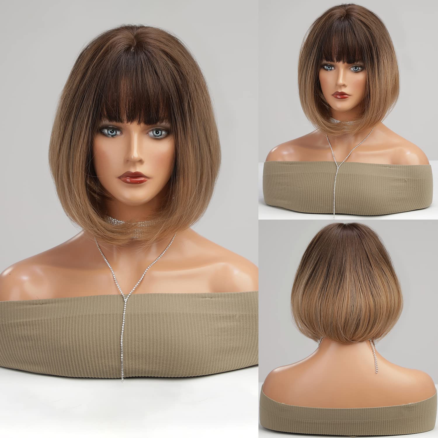 HAIRCUBE Ombre Brown Bob Wigs for Women Short Wigs with Bangs Synthetic Wigs