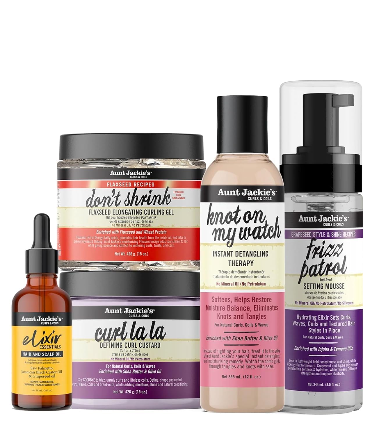 Aunt Jackies Fuller & Thicker Strands Bundle  Curl La La Custard 15oz, Dont Shrink Curling Gel 15oz, Frizz Patrol Mousse 8.5 f