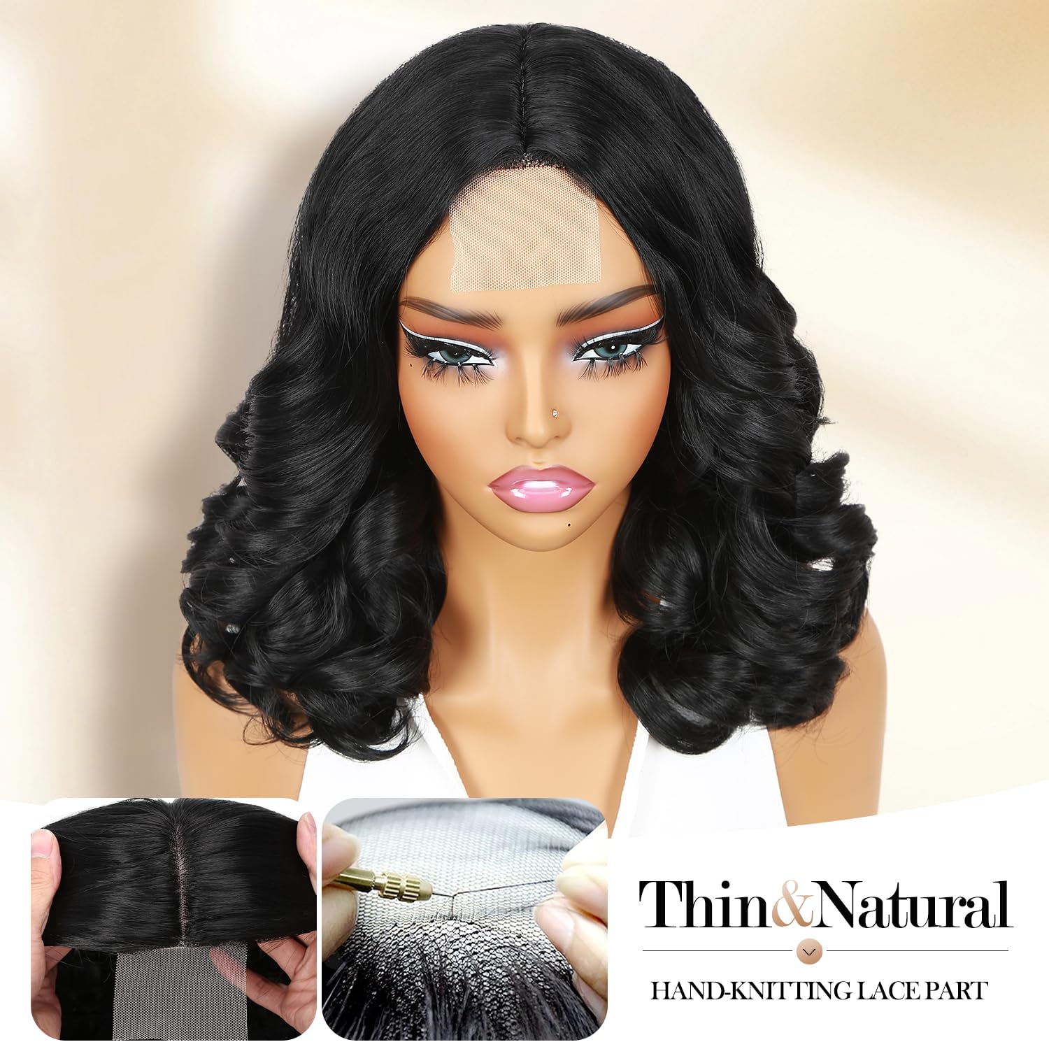 Wiger Short Wavy Wigs For Women Black Body Wave Hair Wig 16 Inch Middle Part Shoulder Length Short Bob Wigs Loose Wave Hair Synt
