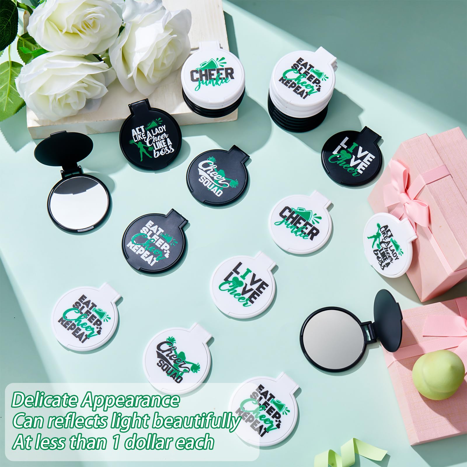 Wenqik 50 Pcs Cheerleader Mirror Gifts Cheerleading Compact Mirror Bulk Folding Pocket Mirror Cheer Party Favors For Team(Green