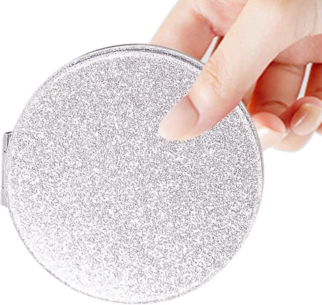 mpowtech Silver Compact Mirror - Double-Sided 2x/1x Magnification, 2.8" PU Leather Portable Makeup Mirror, Gift Idea
