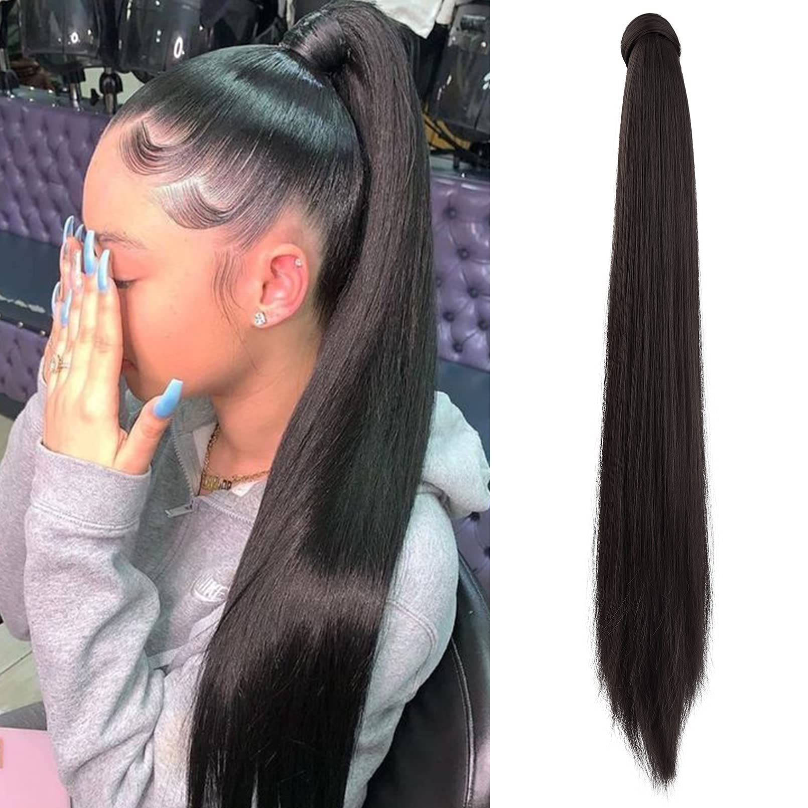 SEIKEA Ponytail Extension Clip in Wrap Around Long Straight Pony Tail Hair Synthetic Hairpiece for Women 26 Inch Black Brown