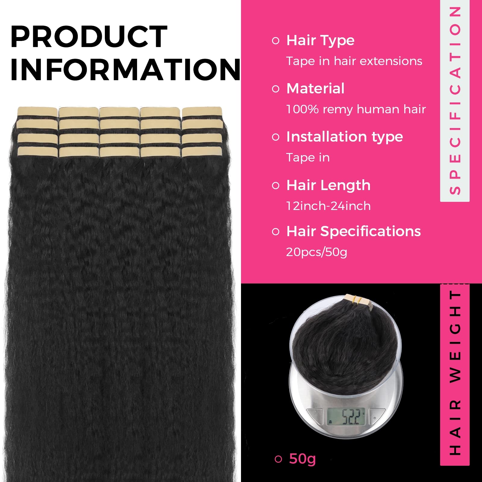 Lashey Tape In Hair Extensions Human Hair For Black Women Kinky Straight Tape In Hair Extensions Natural Black 14 Inch 50G/Pack