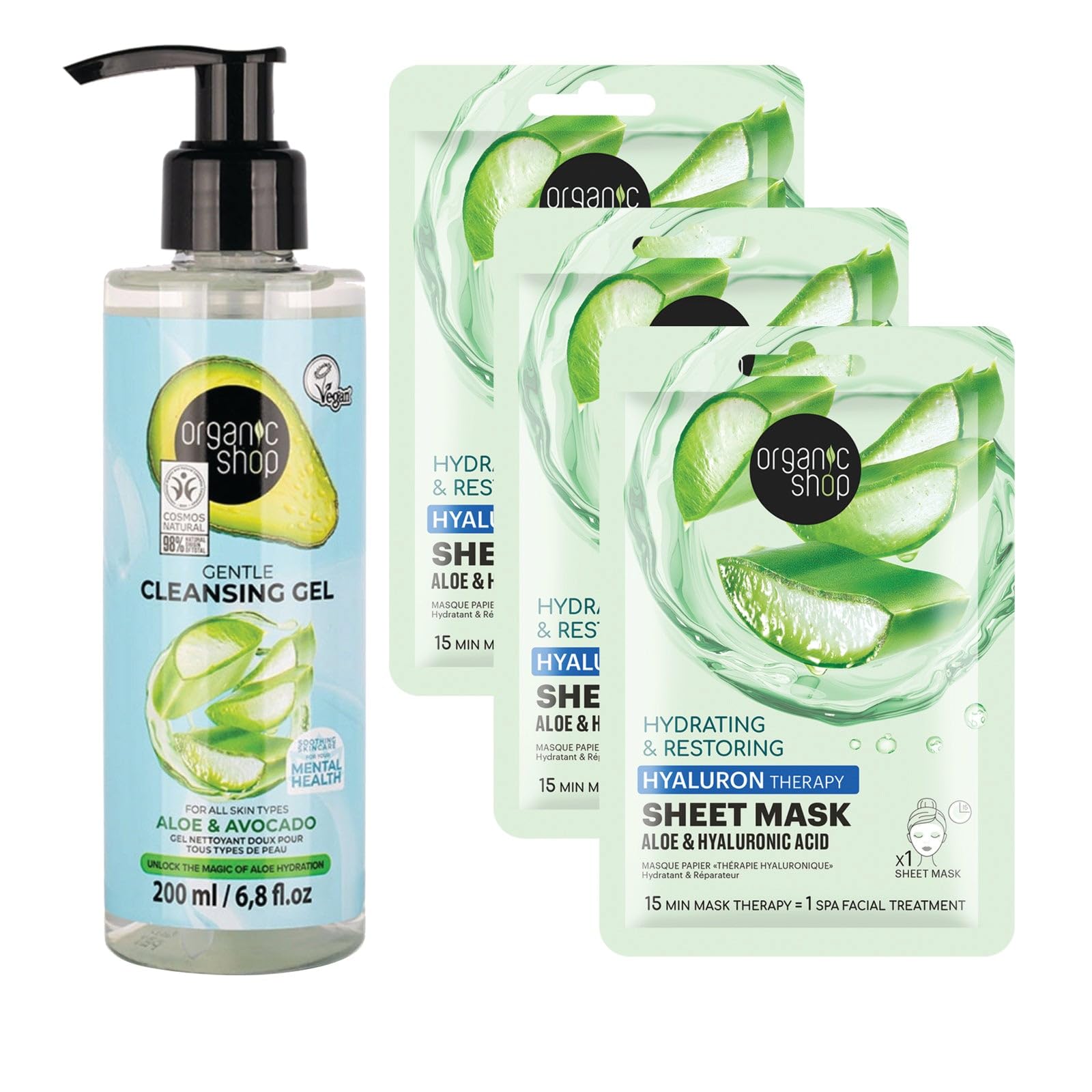 Organic Shop Face Care Set: Gentle Cleansing Gel 200 ml + Hyaluron Therapy Sheet Masks (3 Count), Aloe & Hyaluronic Acid, Vegan 