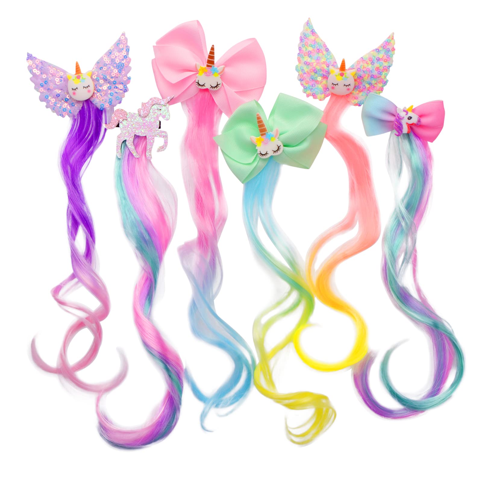 Little World Hair Clips for Girls - 6 Pcs Curly Clip in Hair Extensions with Cute Unicorn Bow - 13in Gradient Color Hair Clips f
