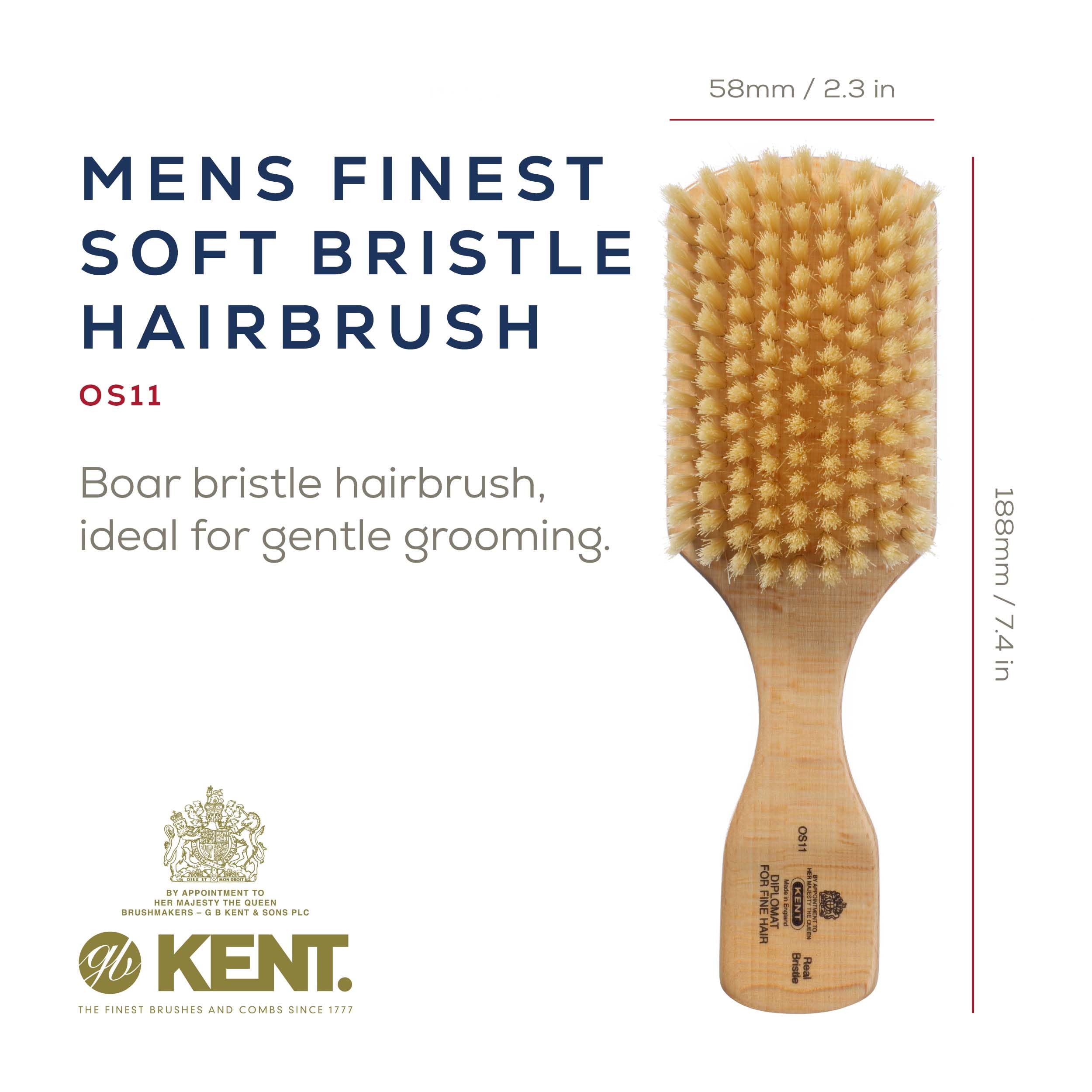 Kent OS11 Satinwood Military Club Hair Brush & Beard Brush - Soft White Boar Bristles for Fine or Thinning Hair, Men's Grooming,
