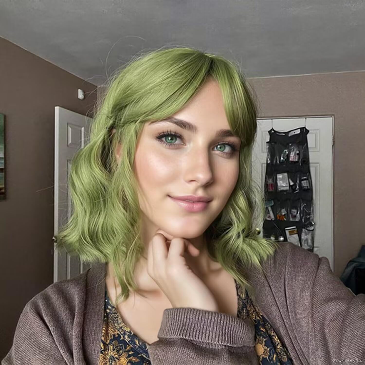 Vckovcko Natural Wavy Wig With Air Bangs Short Bob Matcha Green Wigs Women'S Shoulder Length Wigs Curly Wavy Synthetic Cosplay W