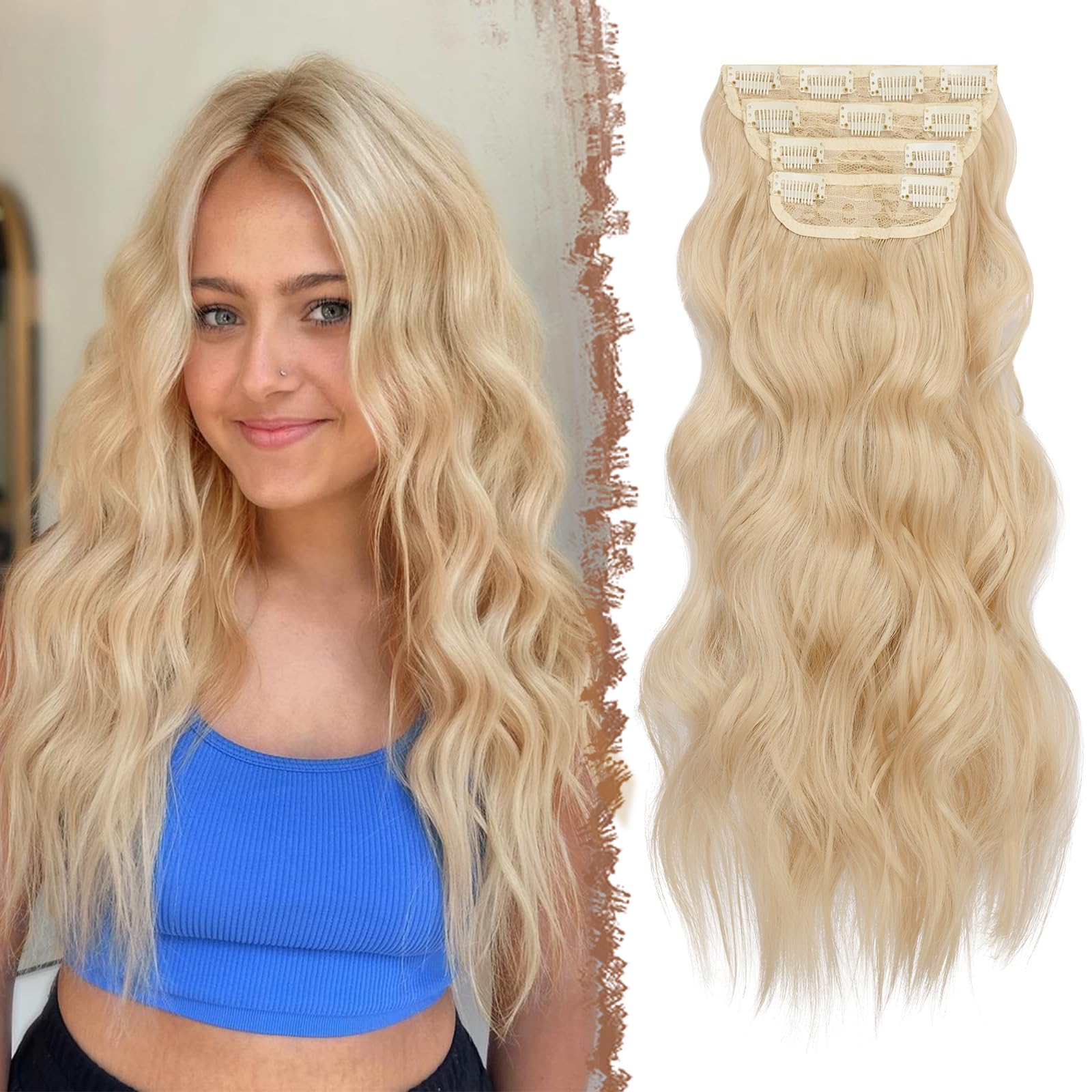 FESHFEN Clip in Hair Extensions 4 PCS Blonde Thick Highlighted Hairpieces Long Wavy Clip in Hair Piece Full Head Synthetic Hair 