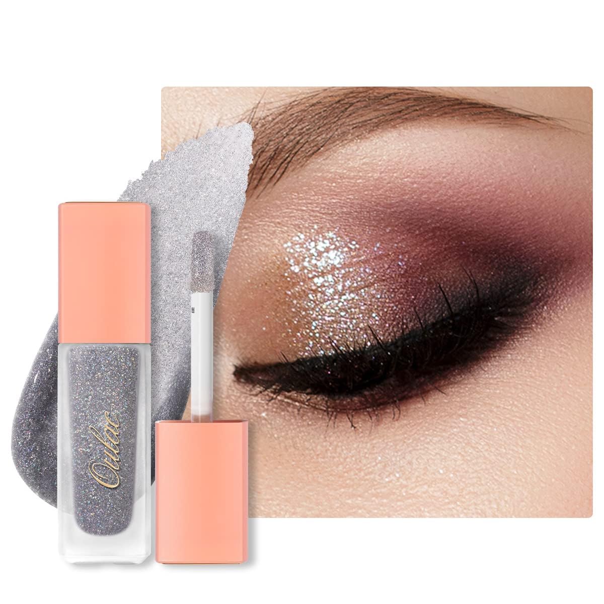 Oulac Liquid Glitter Eyeshadow - Silver Shimmer Sparkly Liquid Eyeliner | Blendable Eye Make-Up With Eyeshadow Primer, Crease Re